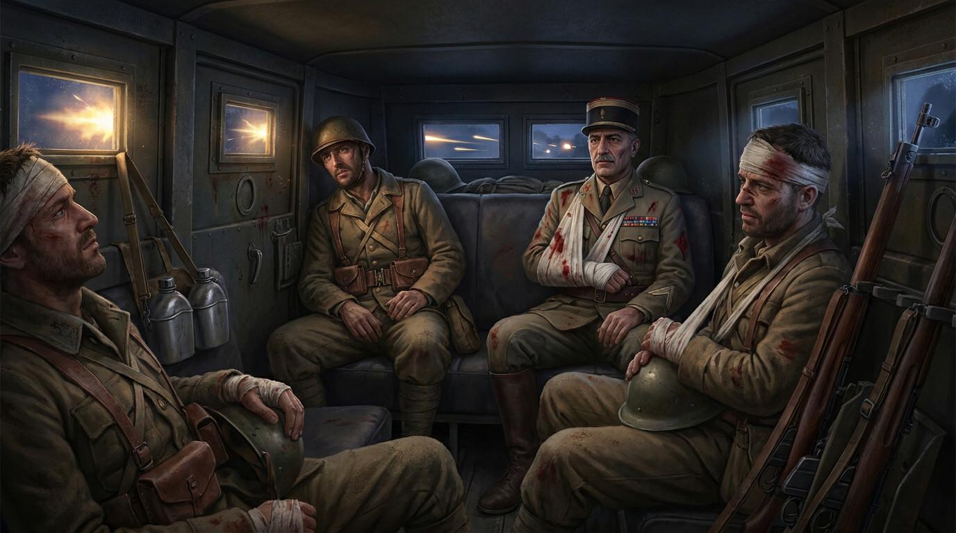 Intimate moment showing Colonel Amilakvari and wounded officers in the back of the car during the harrowing journey
