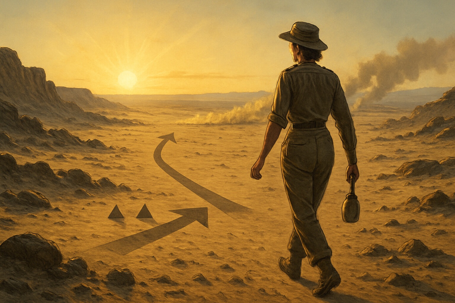 Dawn scene showing Travers walking alone across the desert toward British lines after the car broke down