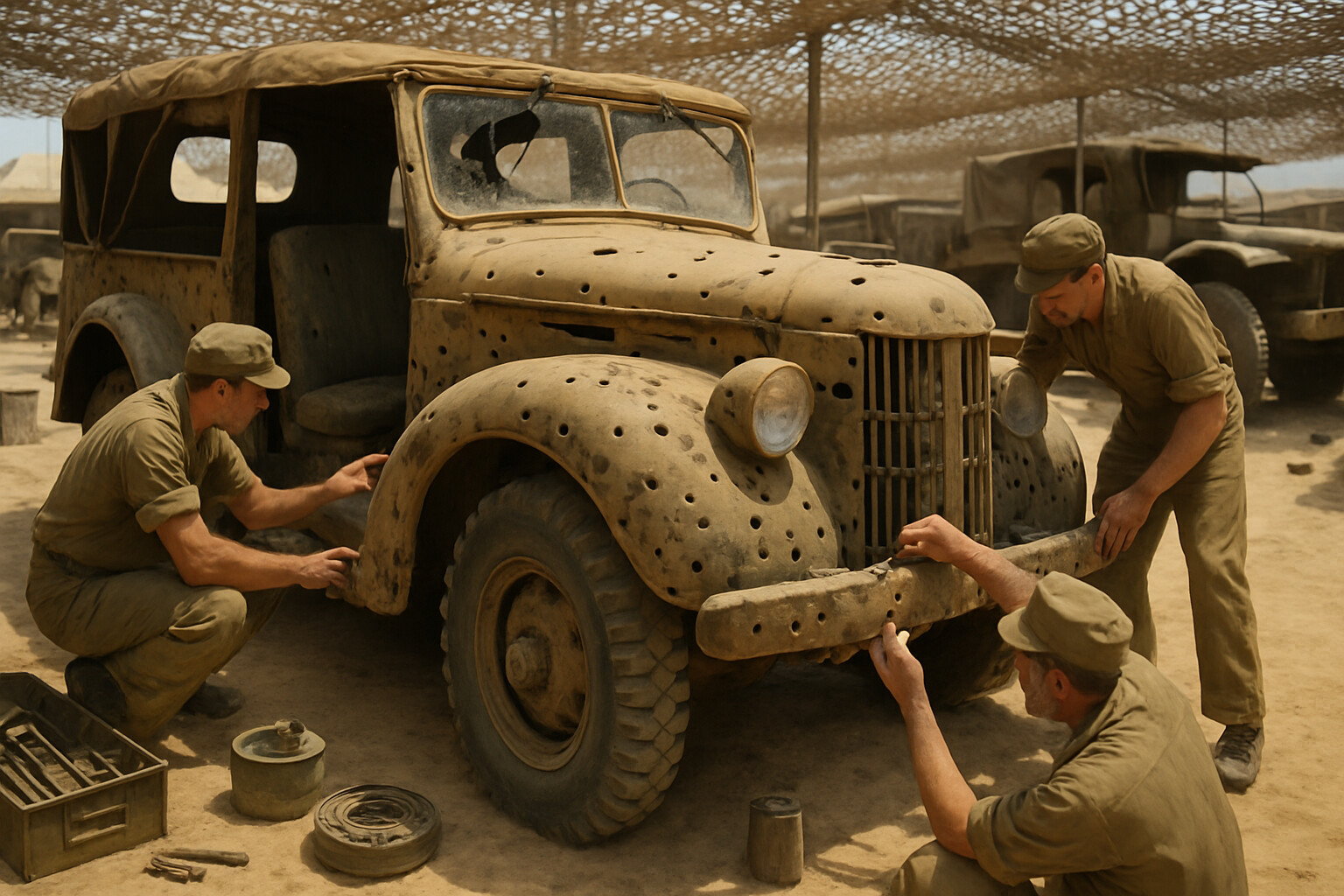 The damaged Dodge staff car in a British motor pool, showing mechanics counting bullet holes