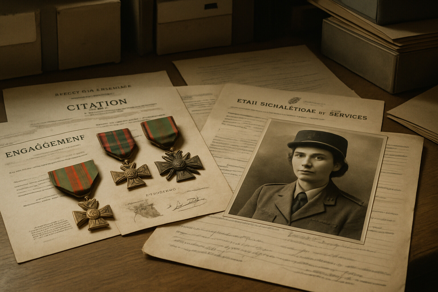 archive scene showing French Foreign Legion service records and medals documenting Travers' unique service