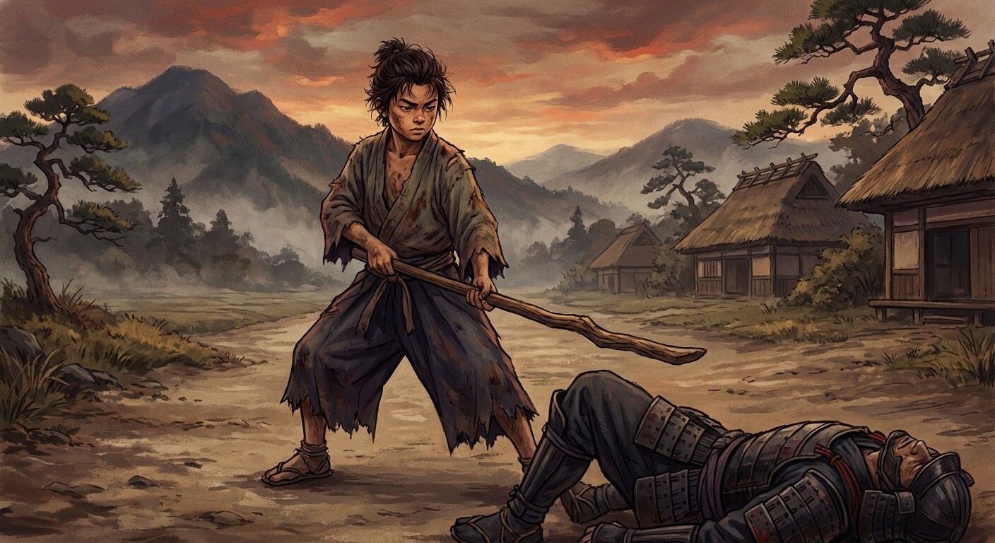 Young Musashi defeating Arima Kihei with a wooden staff