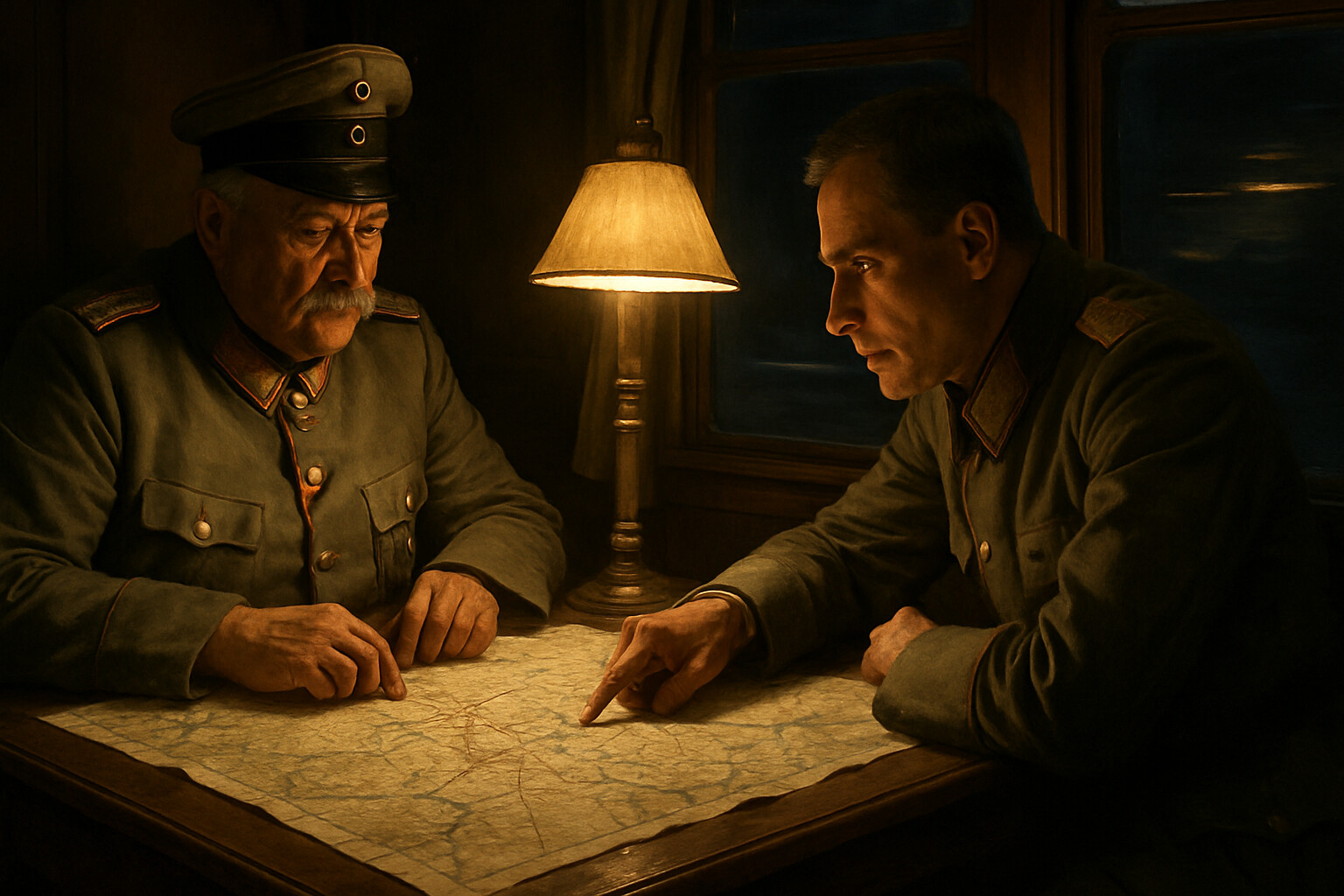Paul von Hindenburg and Erich Ludendorff in their command train, meeting for the first time on the night of August 22–23 as the train carries them toward East Prussia. Maps spread on a table, electric lamp, intense conversation.