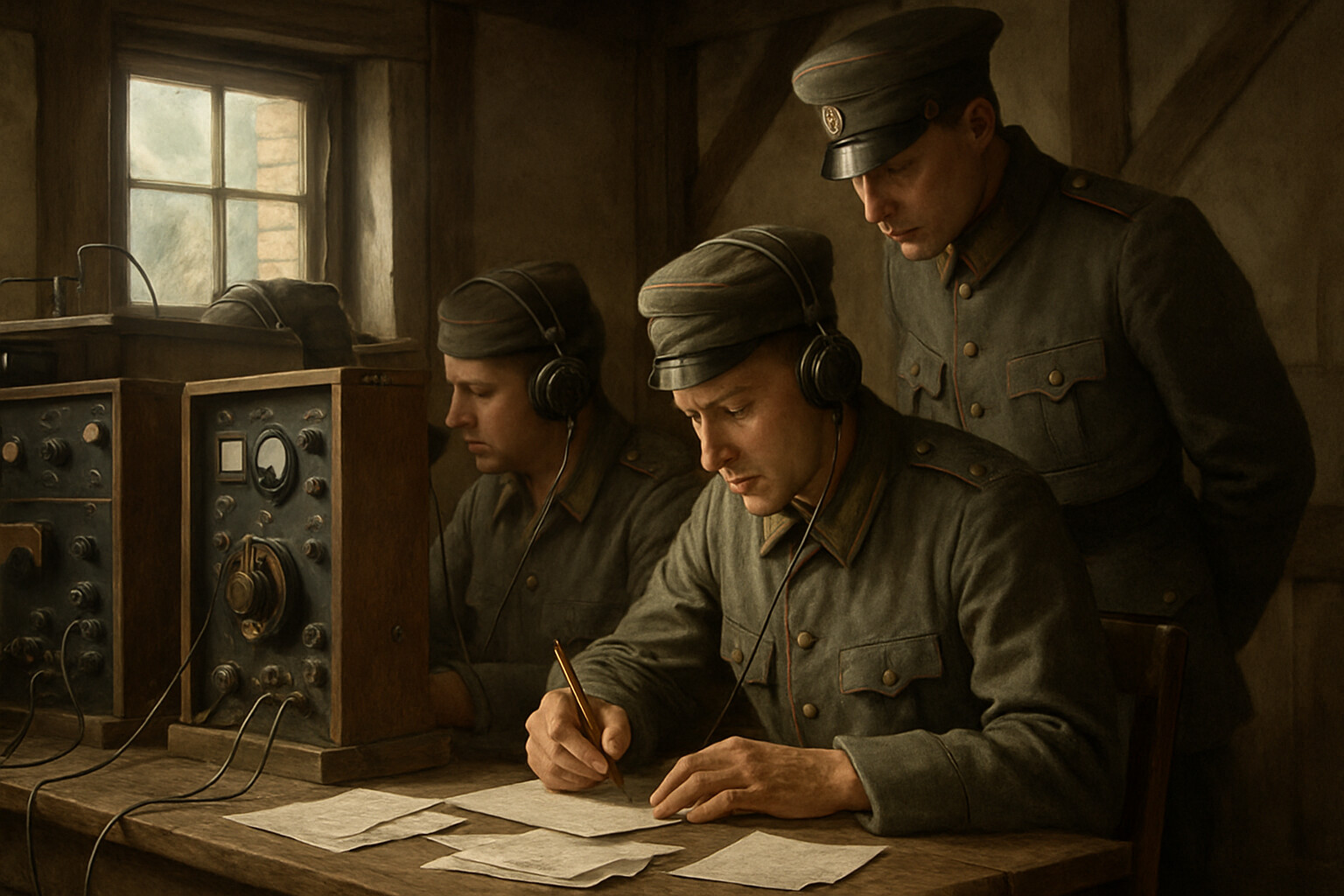 German signals/radio intercept station: operators at field radio equipment, transcribing Russian transmissions in clear text. The intelligence moment that made Tannenberg possible.