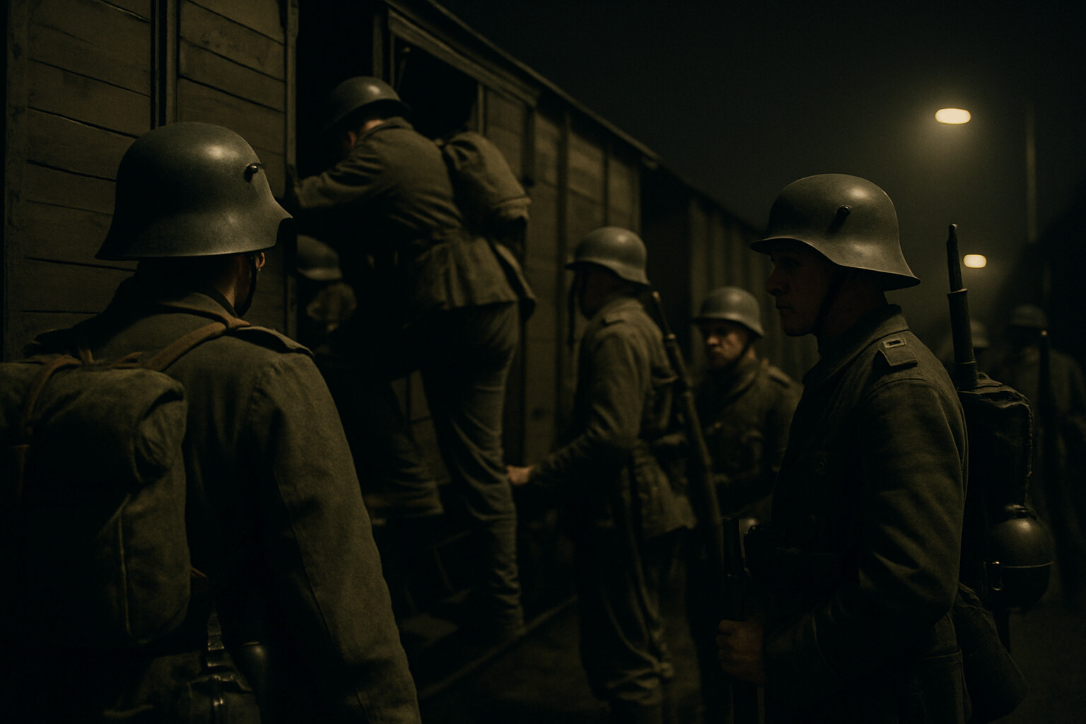 German troop trains at night: soldiers loading into railway cars for the overnight shift from the northern sector to the southern flank, the rail mobility that physically enabled the encirclement.