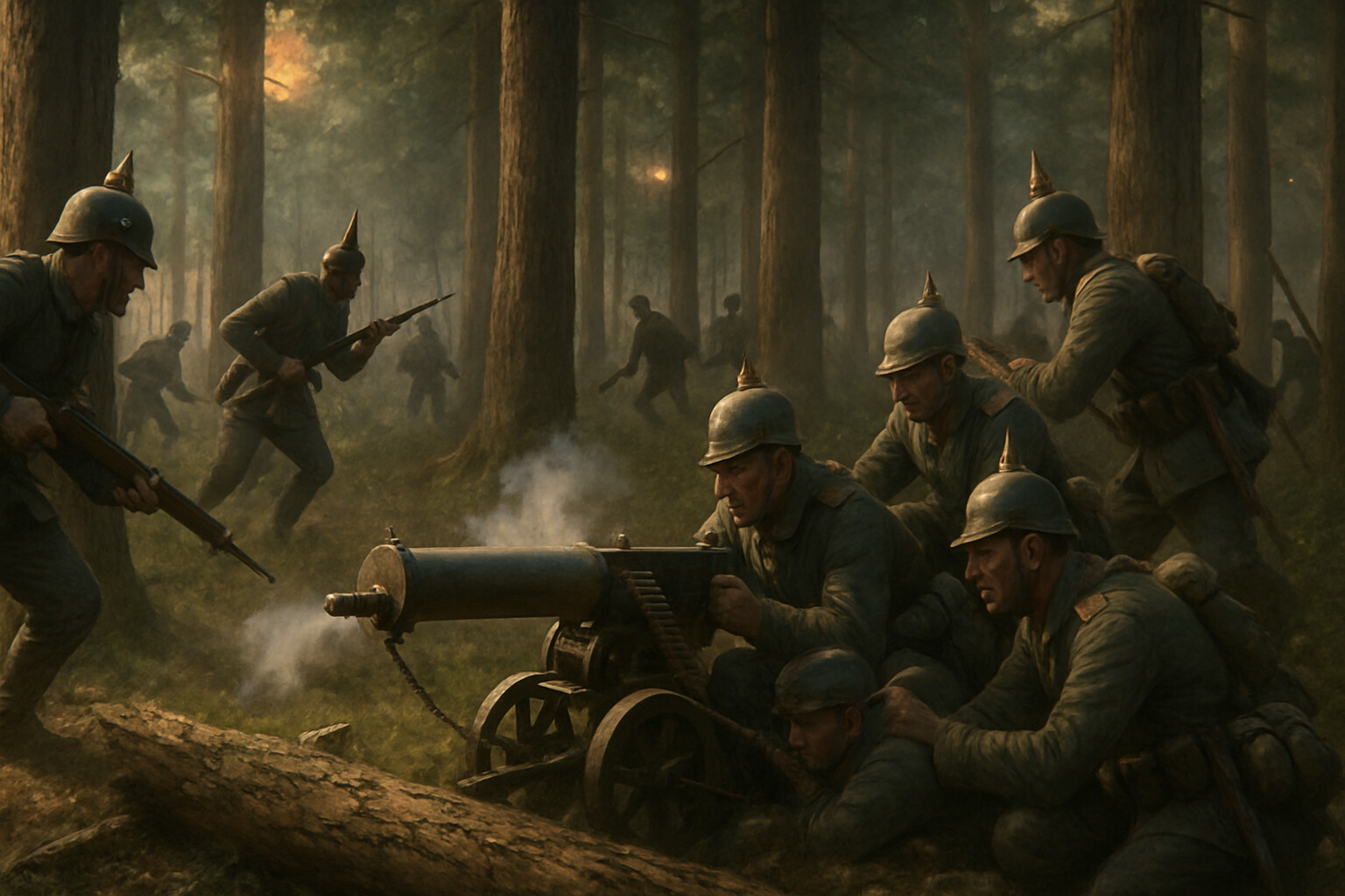 The decisive action: German infantry and MG 08 machine gun teams attacking through East Prussian forest as the encirclement closes, August 28–29. Close-quarters fighting in pine woodland.