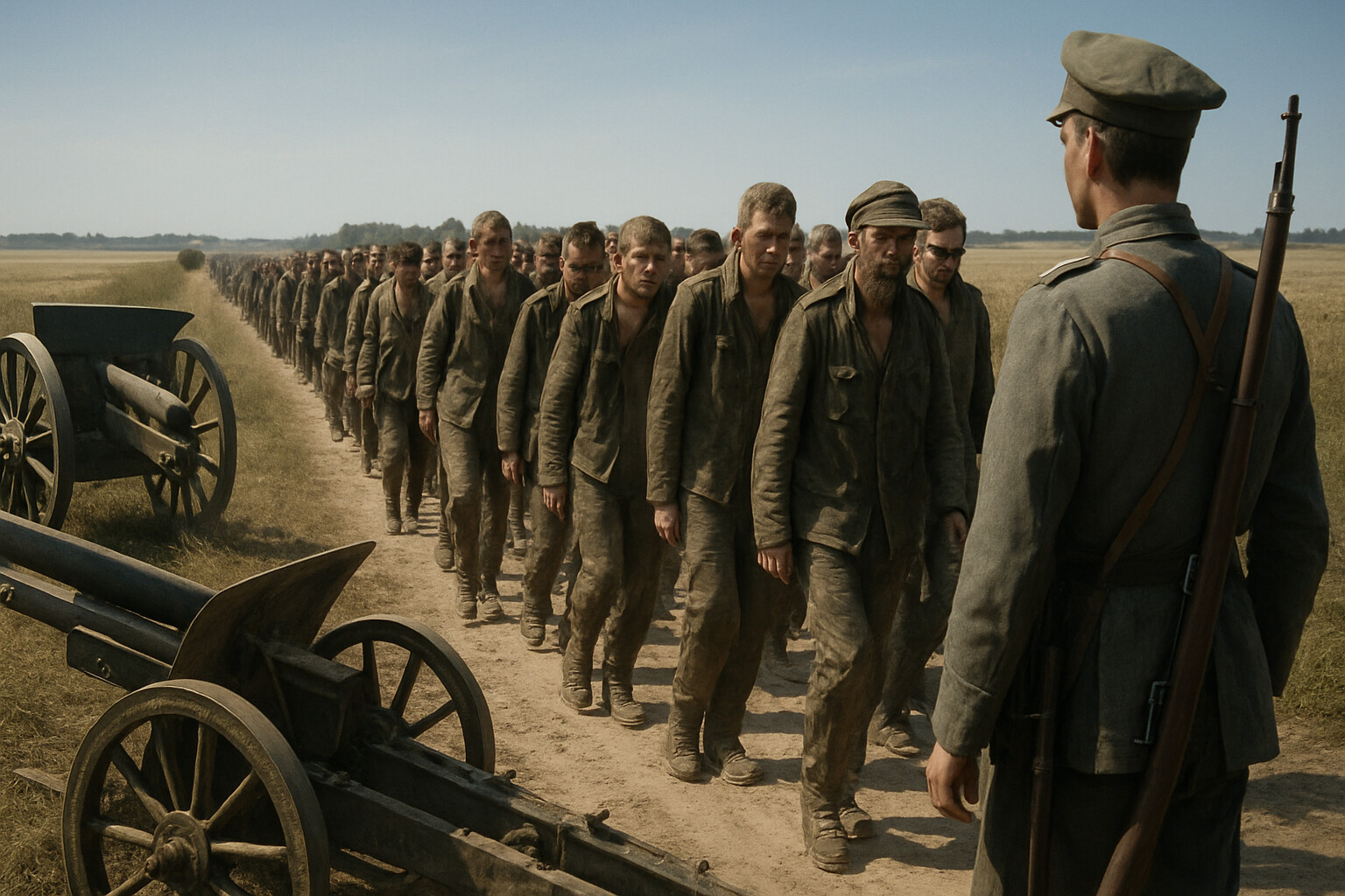 The cost: Russian prisoners, thousands of them, being marched westward along a dusty East Prussian road past German guards. Exhausted, some wounded, the remnants of a destroyed army.