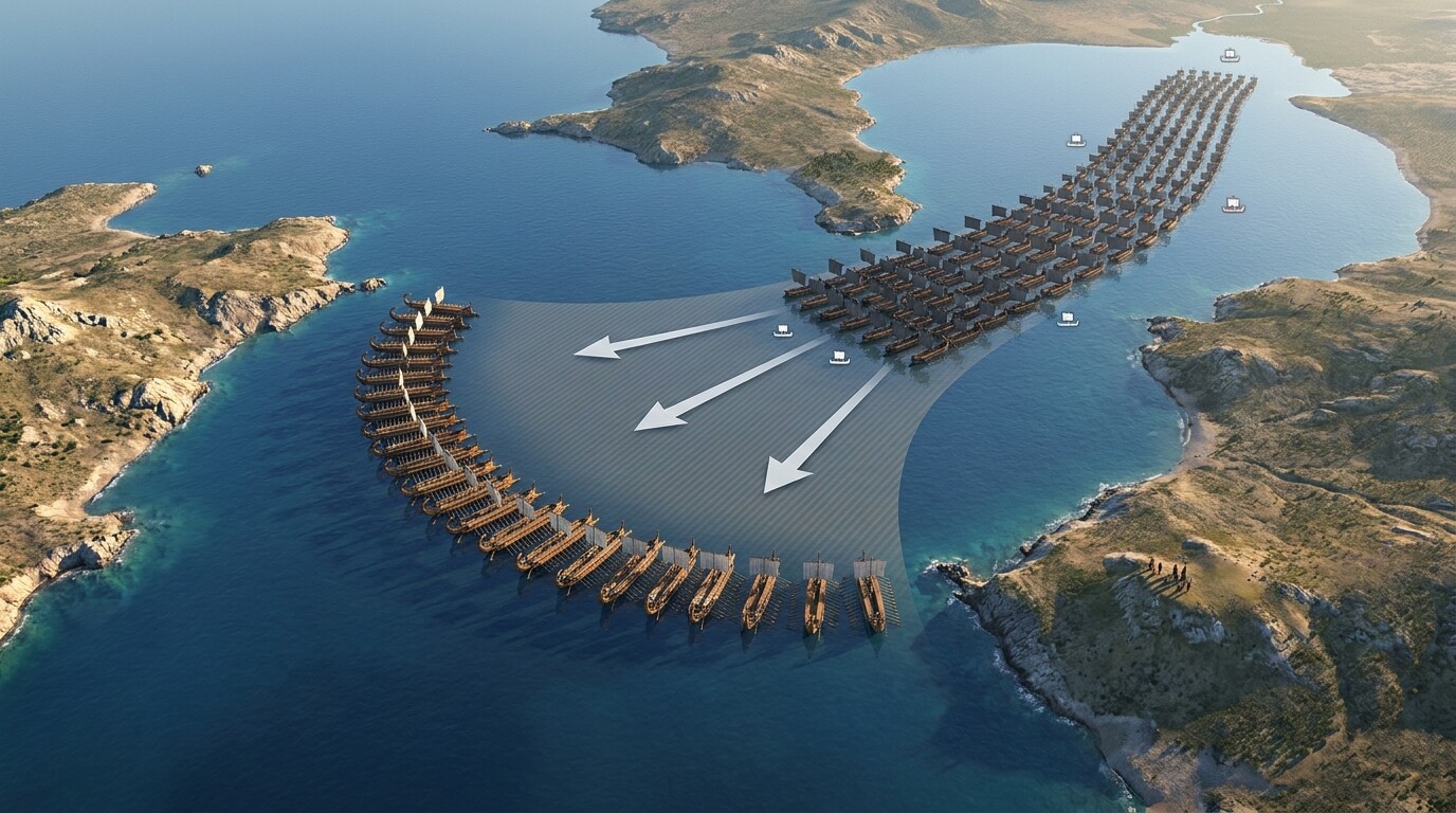Map/Route: Aerial perspective of the Salamis strait showing the bottleneck geography — Greek fleet in formation across the narrows, Persian fleet packed into the eastern approach