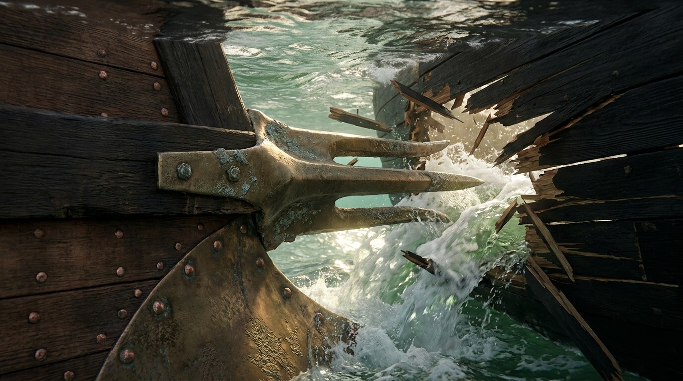 Equipment breakdown: Close detail panel of an Athenian trireme's bronze ram (embolon) breaking the waterline hull of a Persian ship during the battle