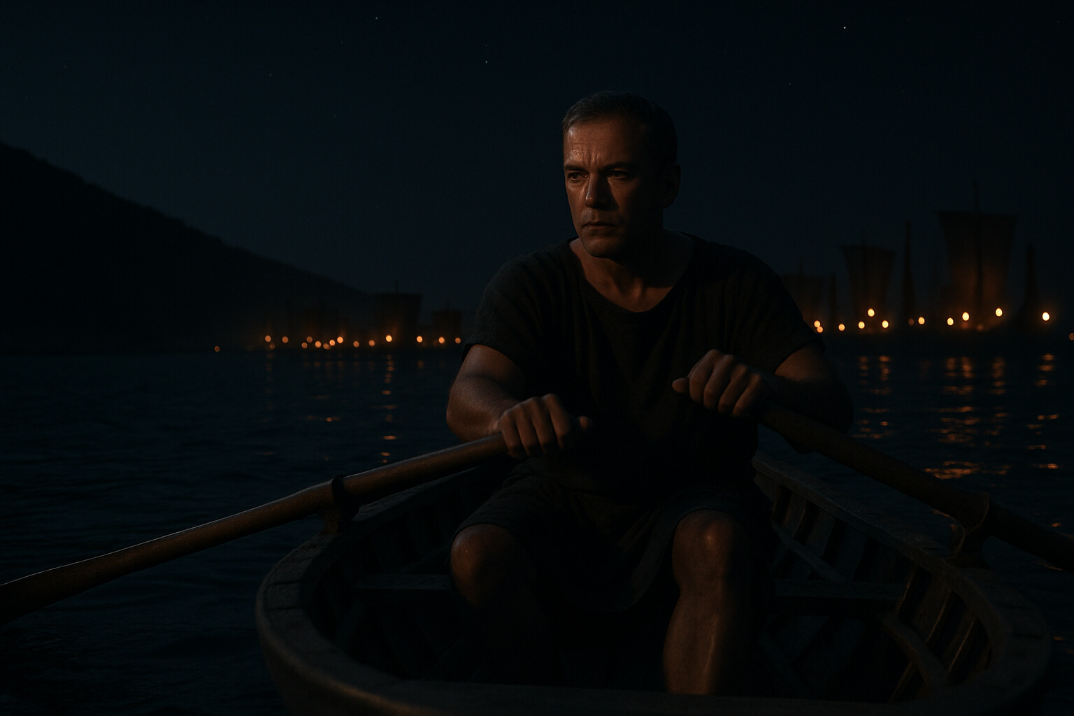 Intimate human scene: Sicinnus at night in a small boat approaching the Persian fleet — alone on dark water, carrying the message that will shape the battle