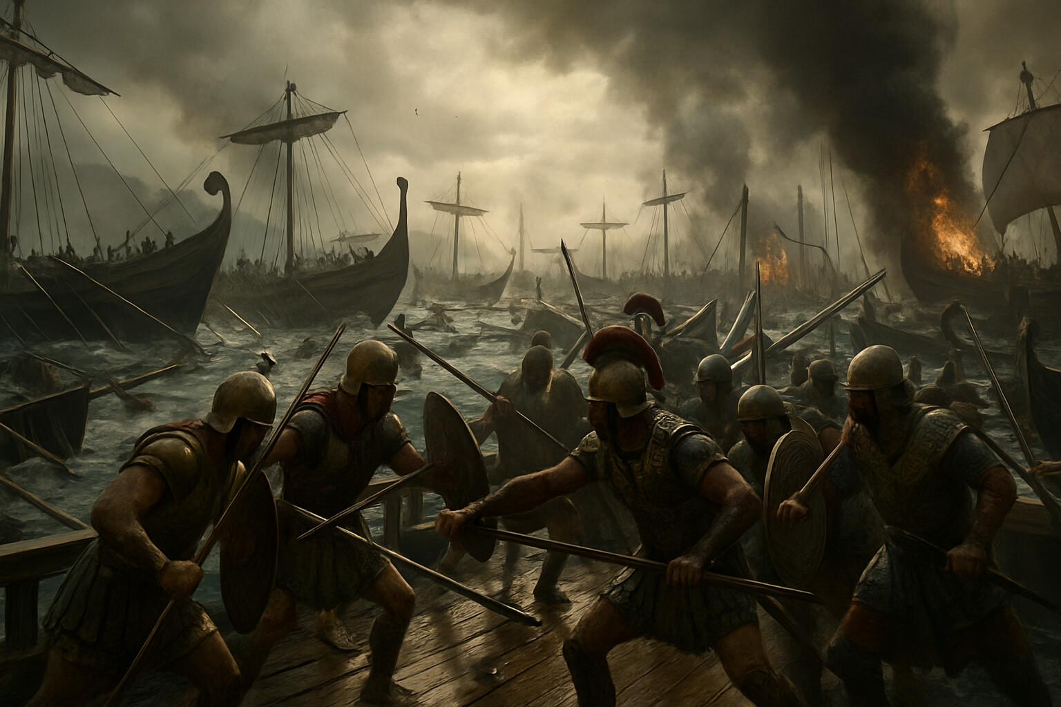 Action: The height of the battle — Greek and Persian triremes locked together in the crowded strait, marines fighting on decks, sinking ships, chaos