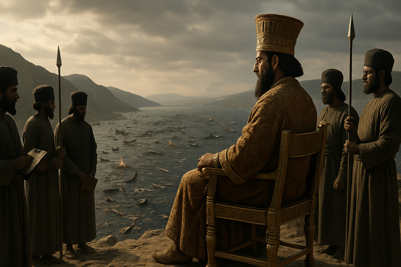 Aftermath/Record scene: Xerxes on his throne above the strait watching the wreckage of his fleet — attendants around him, the water below littered with debris