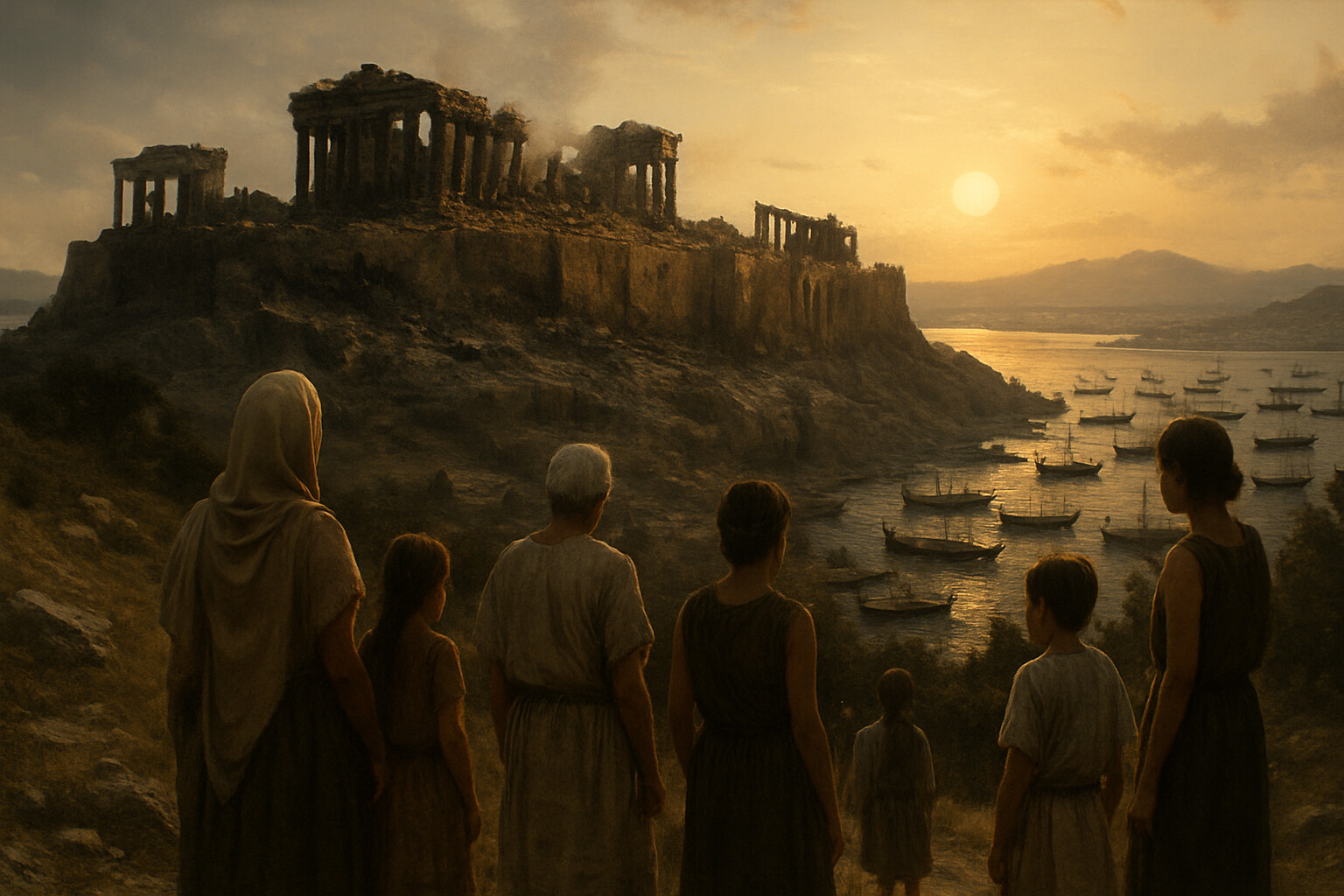Legacy scene: The empty Athenian Acropolis at dusk, burned and ruined, with Athenian triremes visible in the harbor below — the city gone but the fleet intact, and with it the future