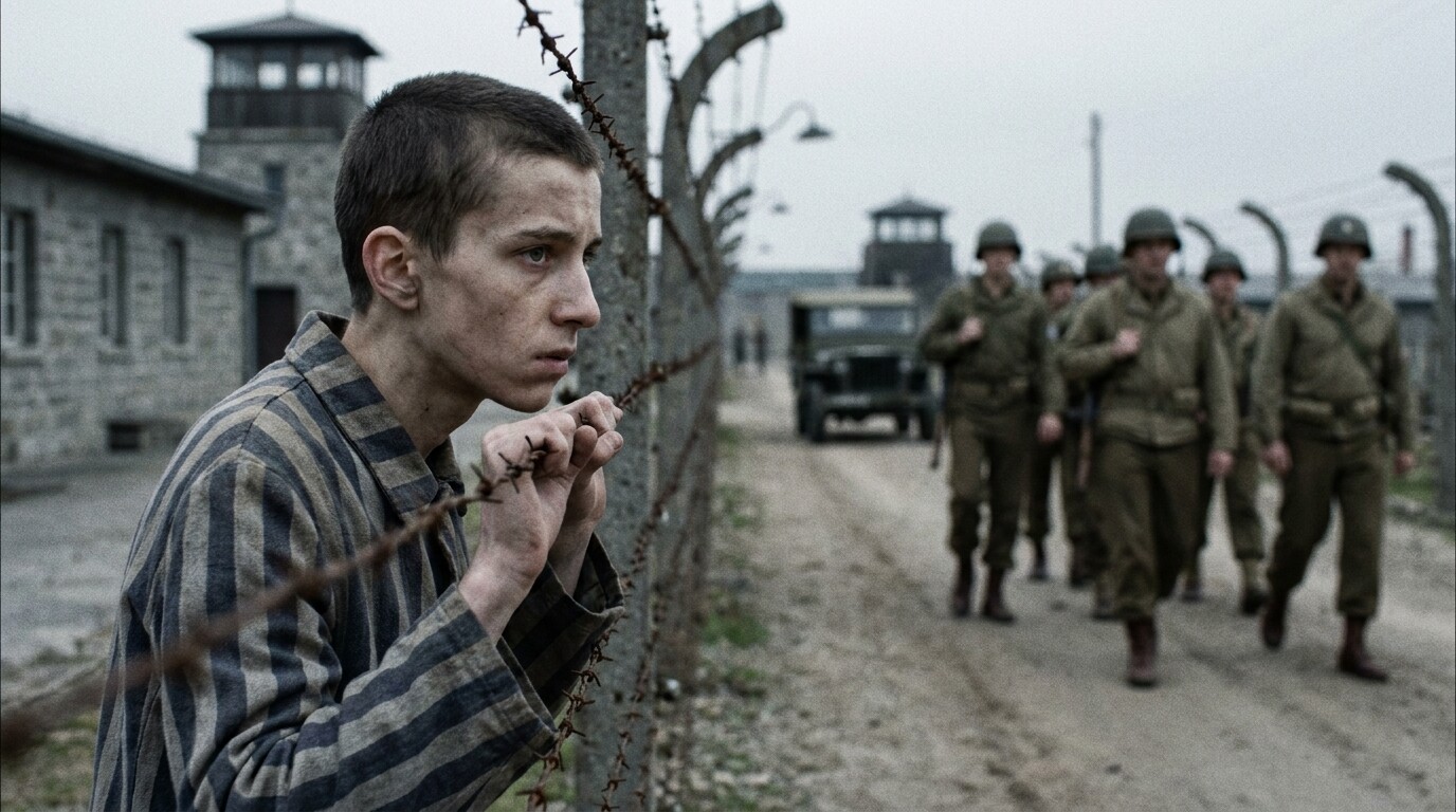 Origin: Young Tibor Rubin as a teenage prisoner at Mauthausen concentration camp in 1945, looking through a barbed wire fence as American soldiers approach in the distance — the moment that defines the rest of his life.