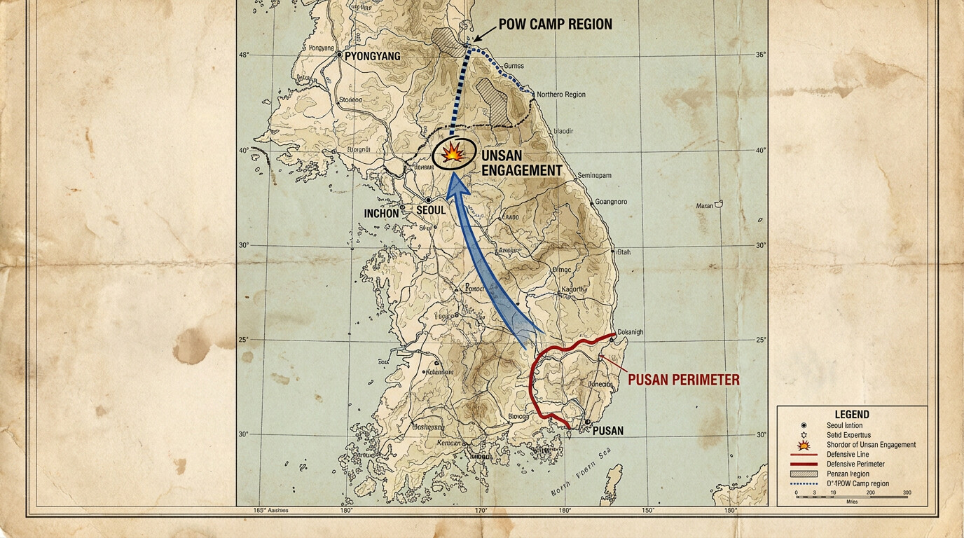 Map/route panel: Annotated military-style map of the Korean Peninsula showing the Pusan Perimeter boundary, the breakout route north, the Battle of Unsan location, and the POW camp region near the Yalu River.