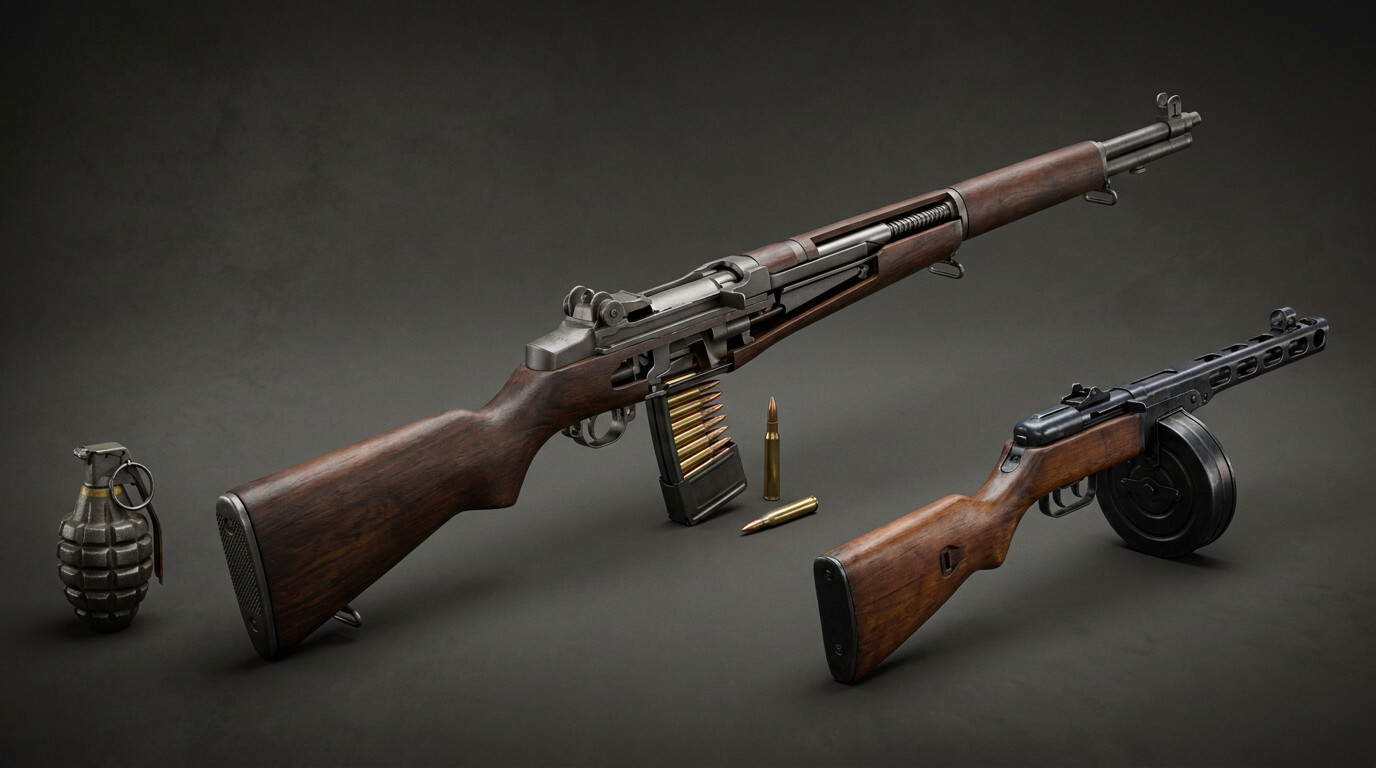 Equipment breakdown: Technical detail panel showing the M1 Garand rifle with cutaway view, the M2 fragmentation grenade, and the contrasting PPSh-41 submachine gun used by NKPA forces — the weapons that defined the hill fight.