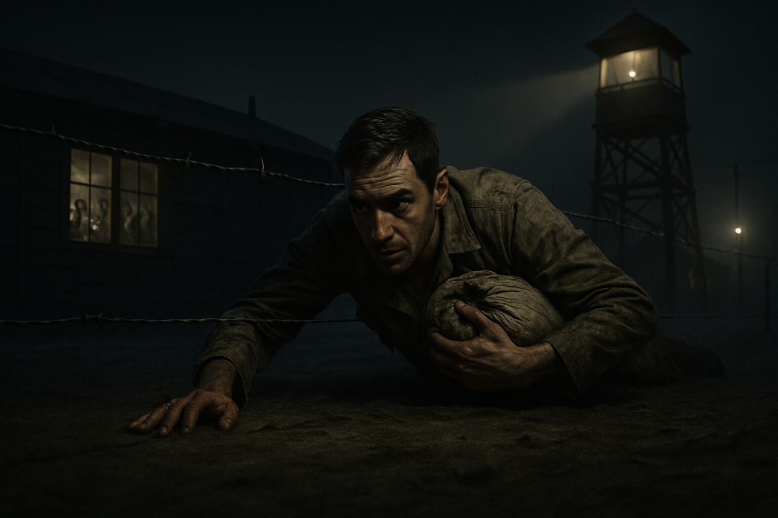 Intimate human scene: In the POW camp at night, Tibor Rubin — a prisoner in ragged clothing — slips under a fence wire carrying a bundle of stolen food, while in the background emaciated American POWs wait in a darkened barrack.