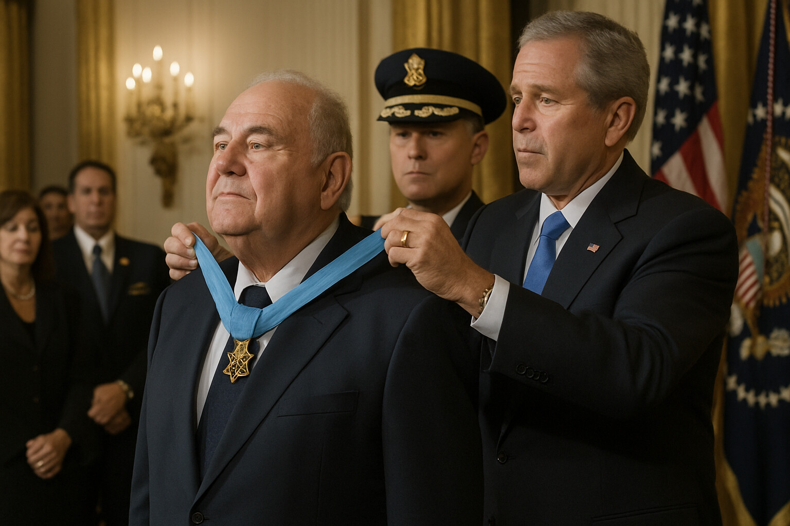 Aftermath/record scene: The 2005 Medal of Honor ceremony at the White House, showing an elderly Tibor Rubin — 75 years old — standing at attention as the Medal of Honor is draped around his neck, surrounded by officials and family.