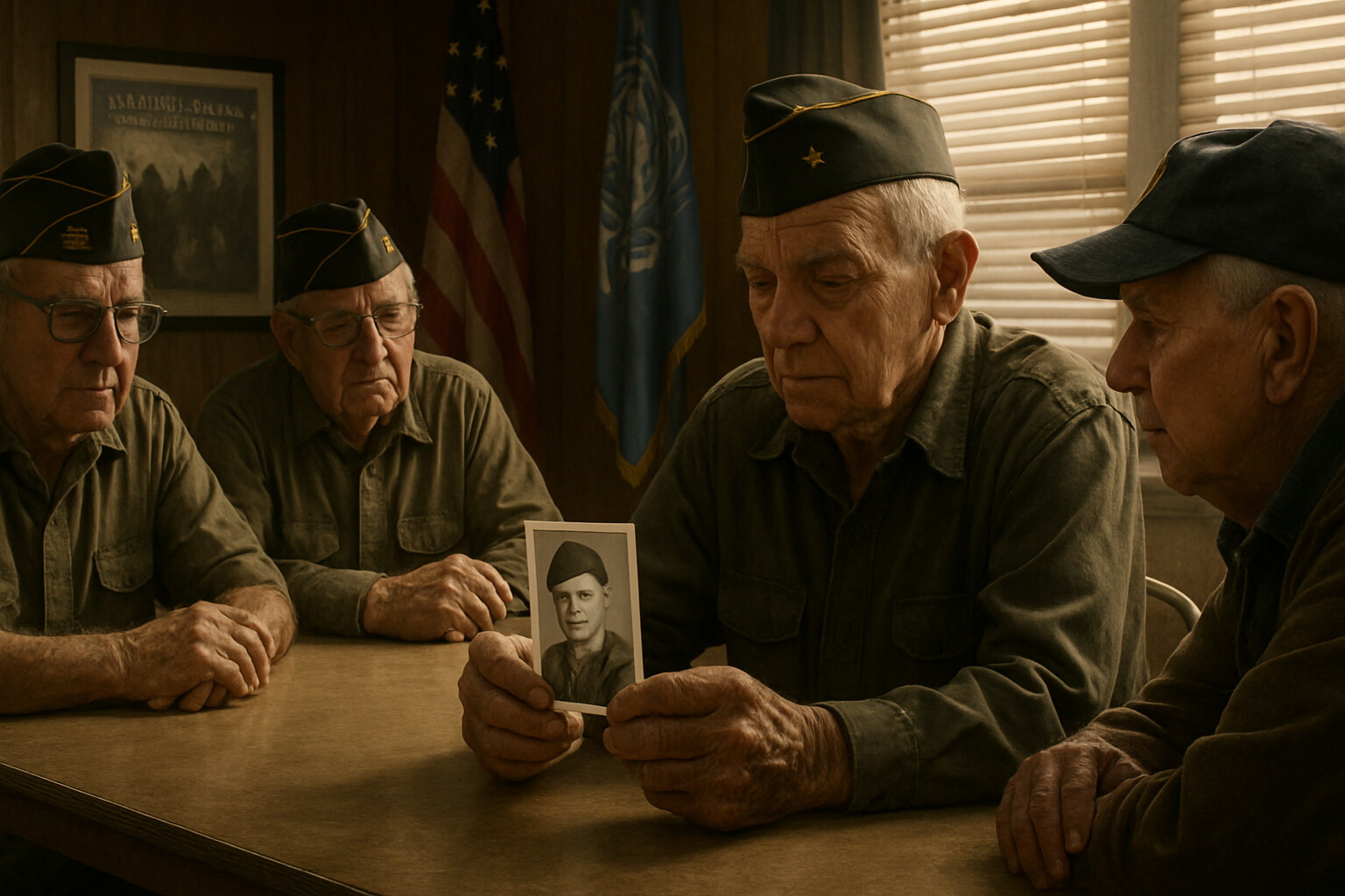 Legacy/memorial panel: A quiet scene of American Korean War POW survivors in old age, one of them holding a small photograph of a young Tibor Rubin in uniform, in a Veterans of Foreign Wars hall with Korean War memorial imagery on the walls.