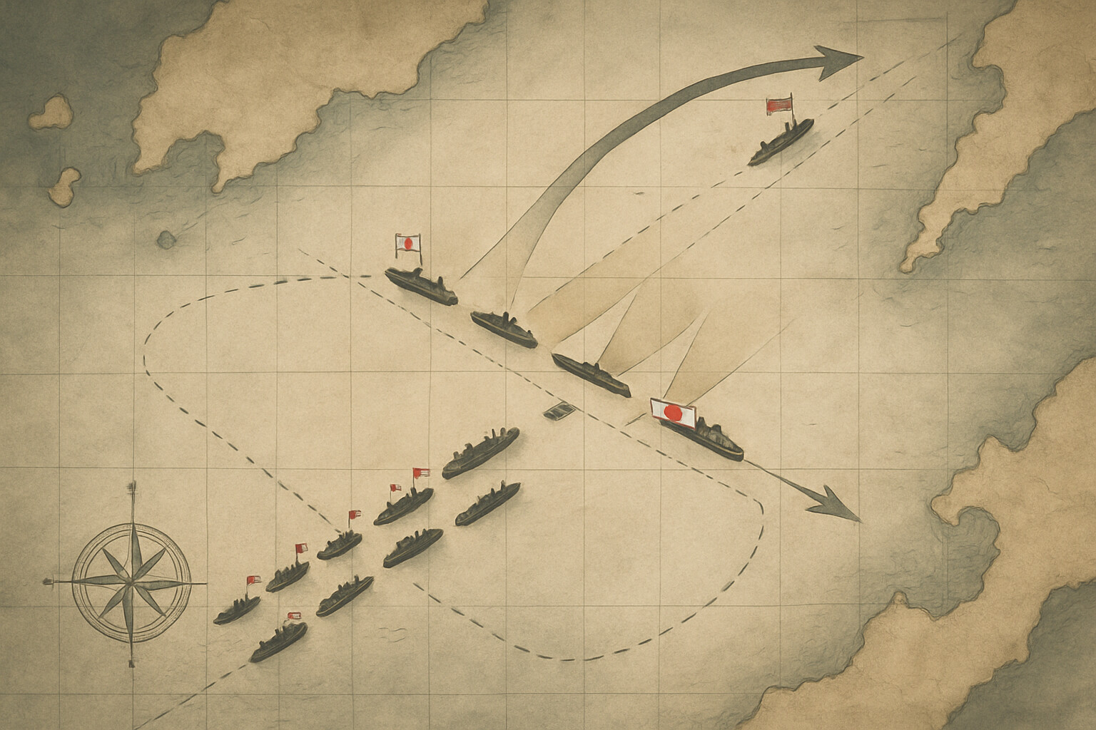 Map/tactical diagram panel: overhead or slightly elevated view of the Tsushima Strait showing the two fleet formations as the Japanese line crosses the T of the Russian column.
