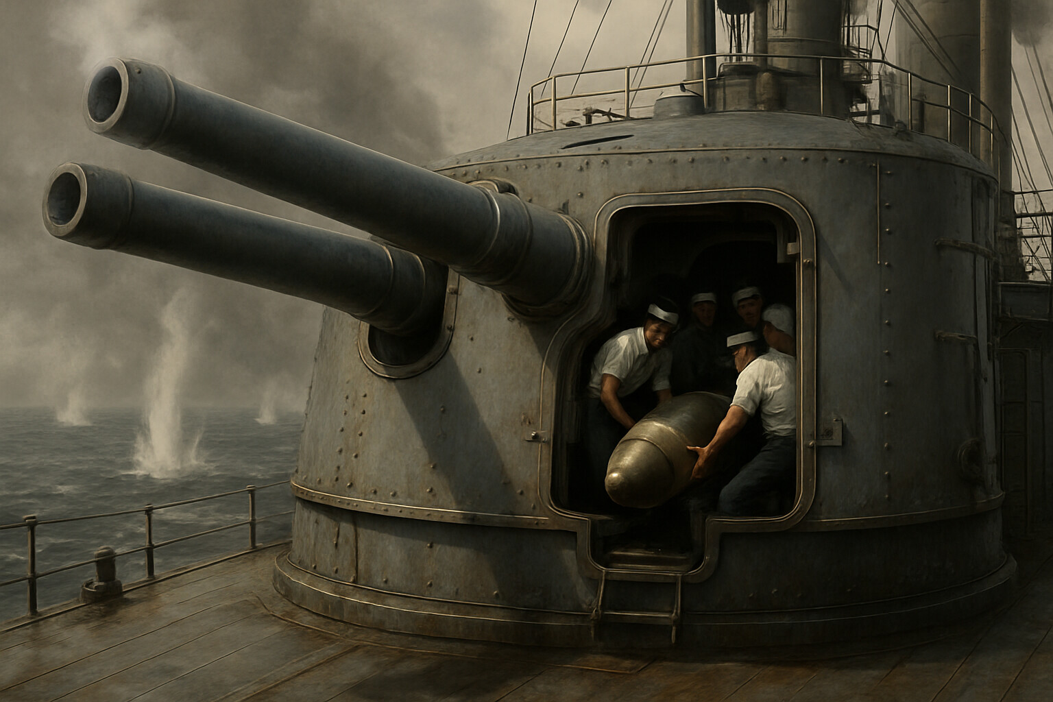 Equipment/weapon breakdown panel: detailed view of the 12-inch twin gun turret of IJN Mikasa, with crew visible working the gun.