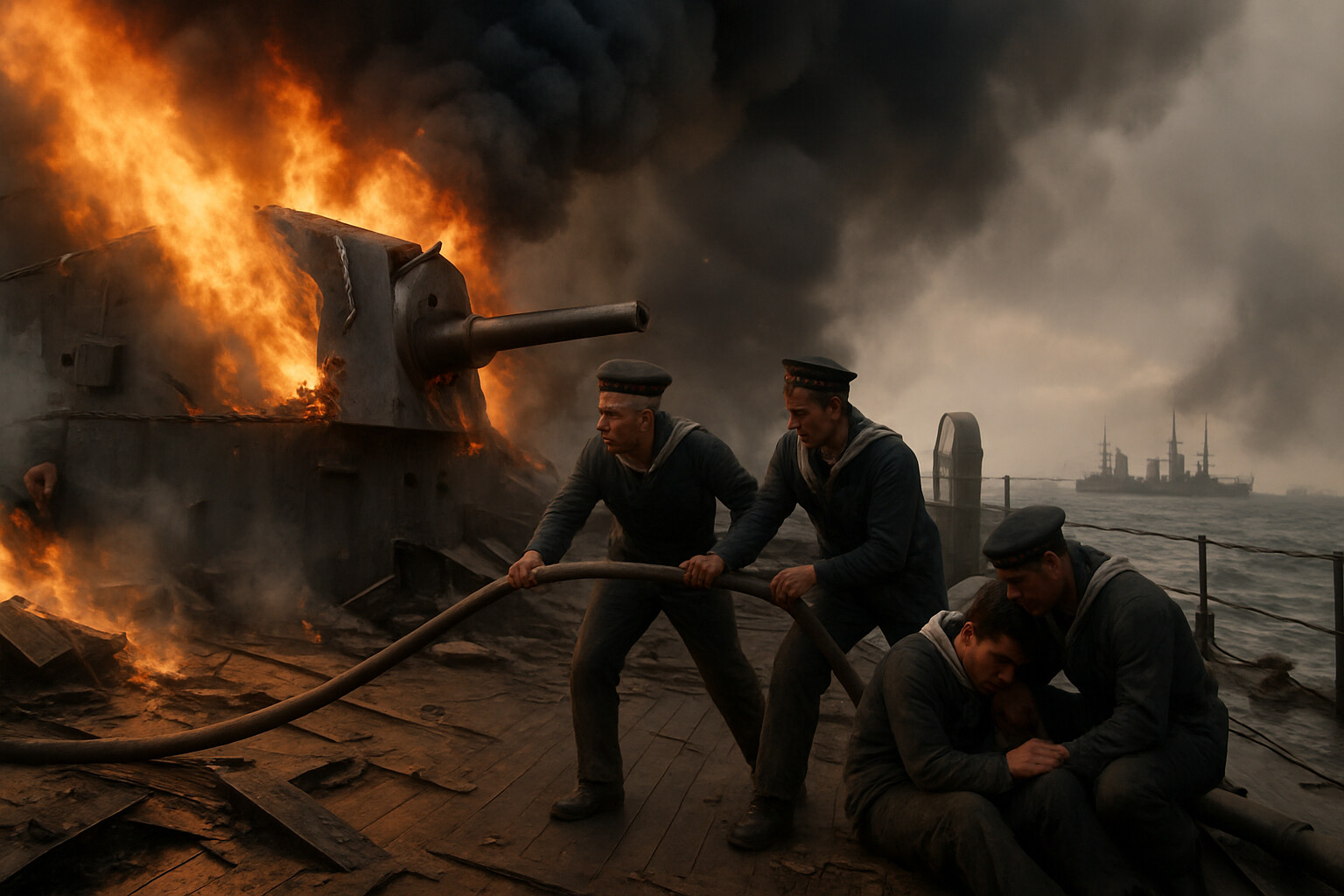 Intimate human scene: Russian sailors on the stricken battleship Knyaz Suvorov trying to fight fires on their devastated superstructure while the ship lists and burns.