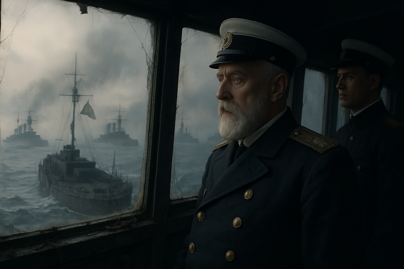 Aftermath/record scene: Rear Admiral Nebogatov on the bridge of a damaged Russian warship, watching as the Japanese fleet closes around his remaining ships before the surrender on May 28.