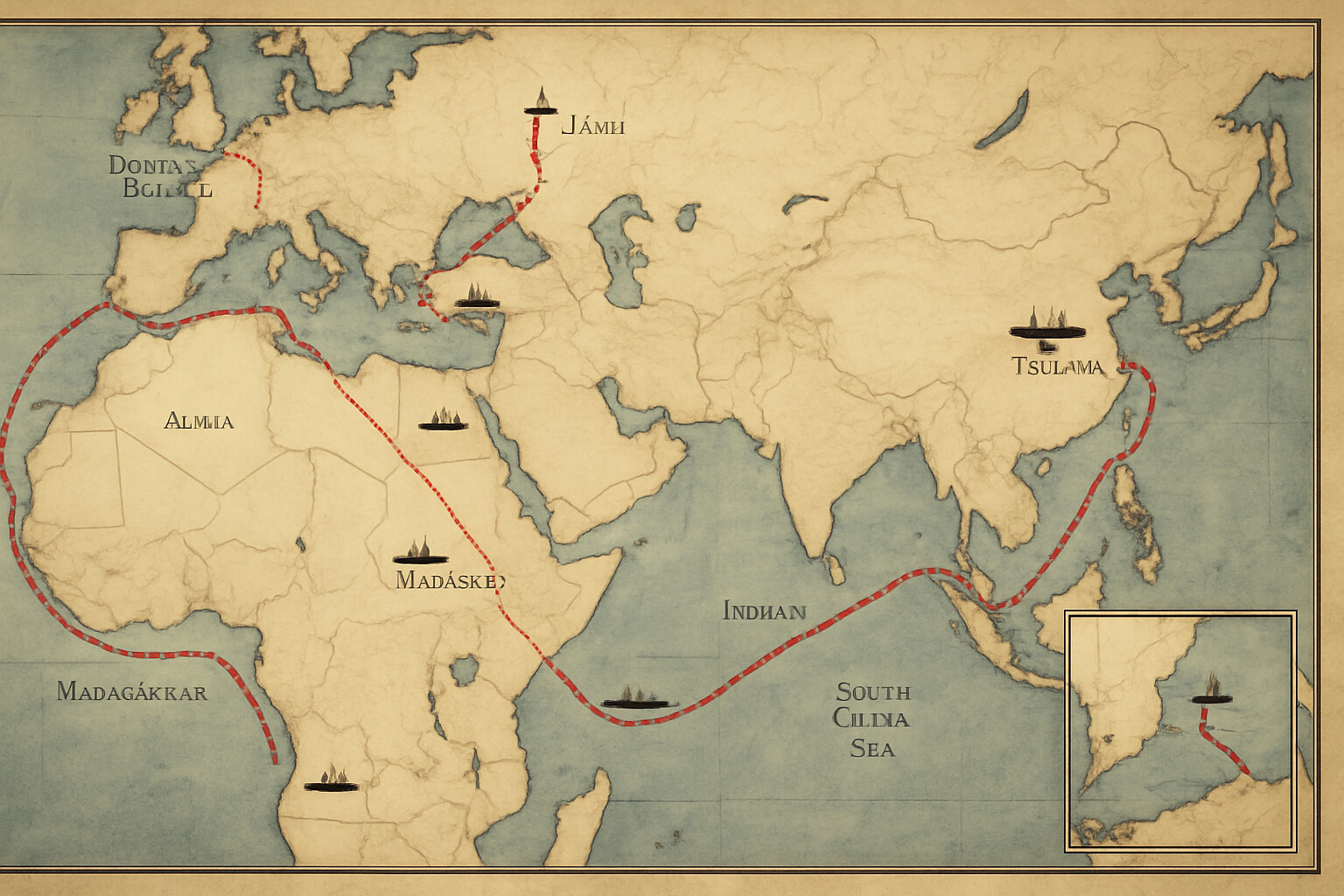 Source/technical diagram panel: detailed period illustration of the Russian Second Pacific Squadron's route from the Baltic to Tsushima, styled as a historical navigation chart.