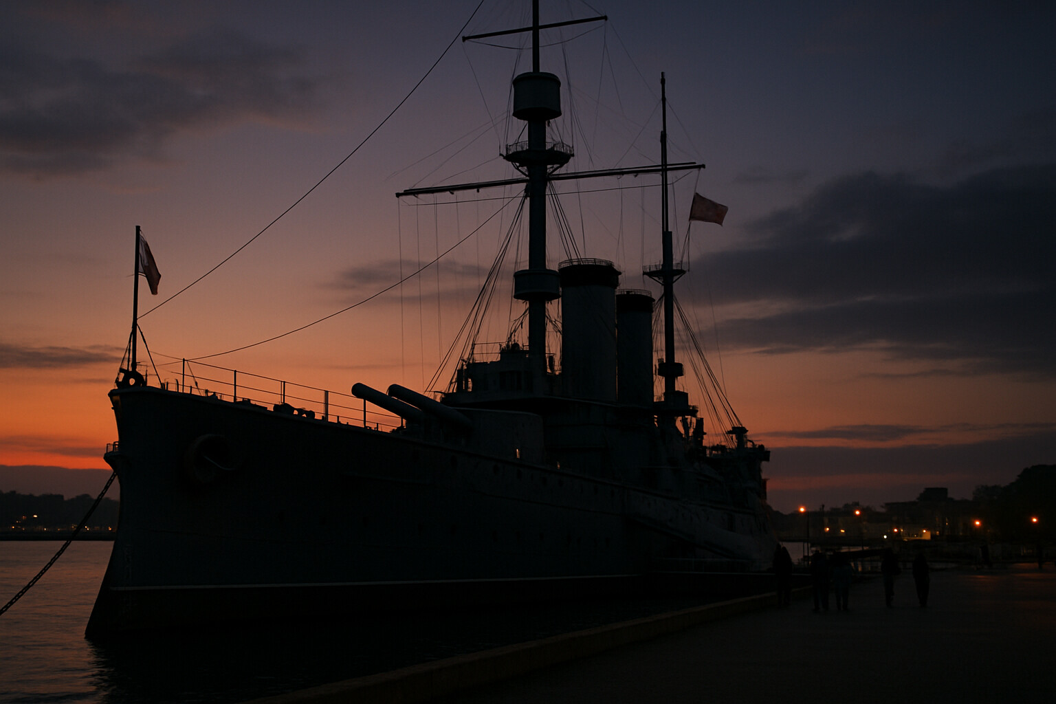 Additional story-specific panel: IJN Mikasa preserved as a memorial ship at Yokosuka, viewed at dusk, as a visual legacy image connecting the historical event to the present.