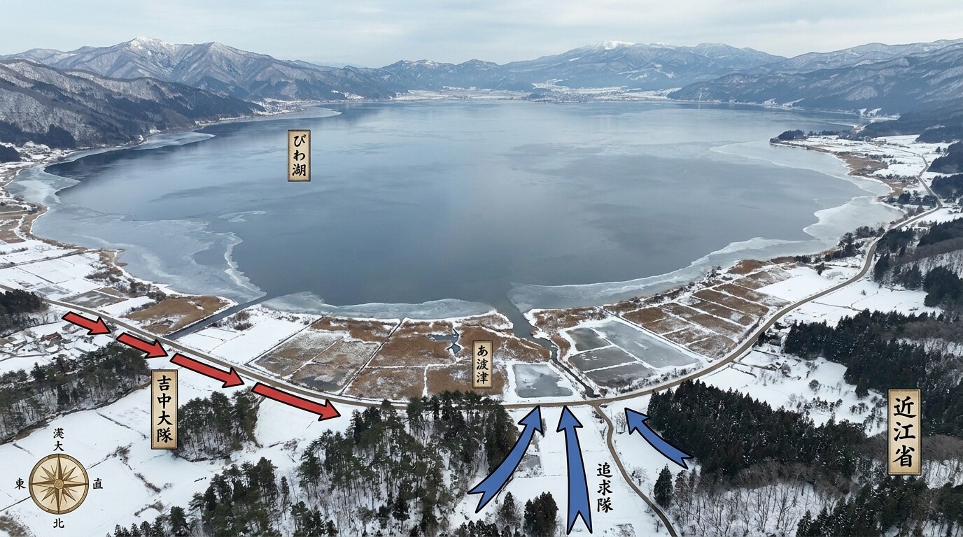 Map and geography panel: the southern end of Lake Biwa and the terrain of Awazu in winter, showing the retreat route, the marshy ground, the frozen lake edge, and the pine stands.