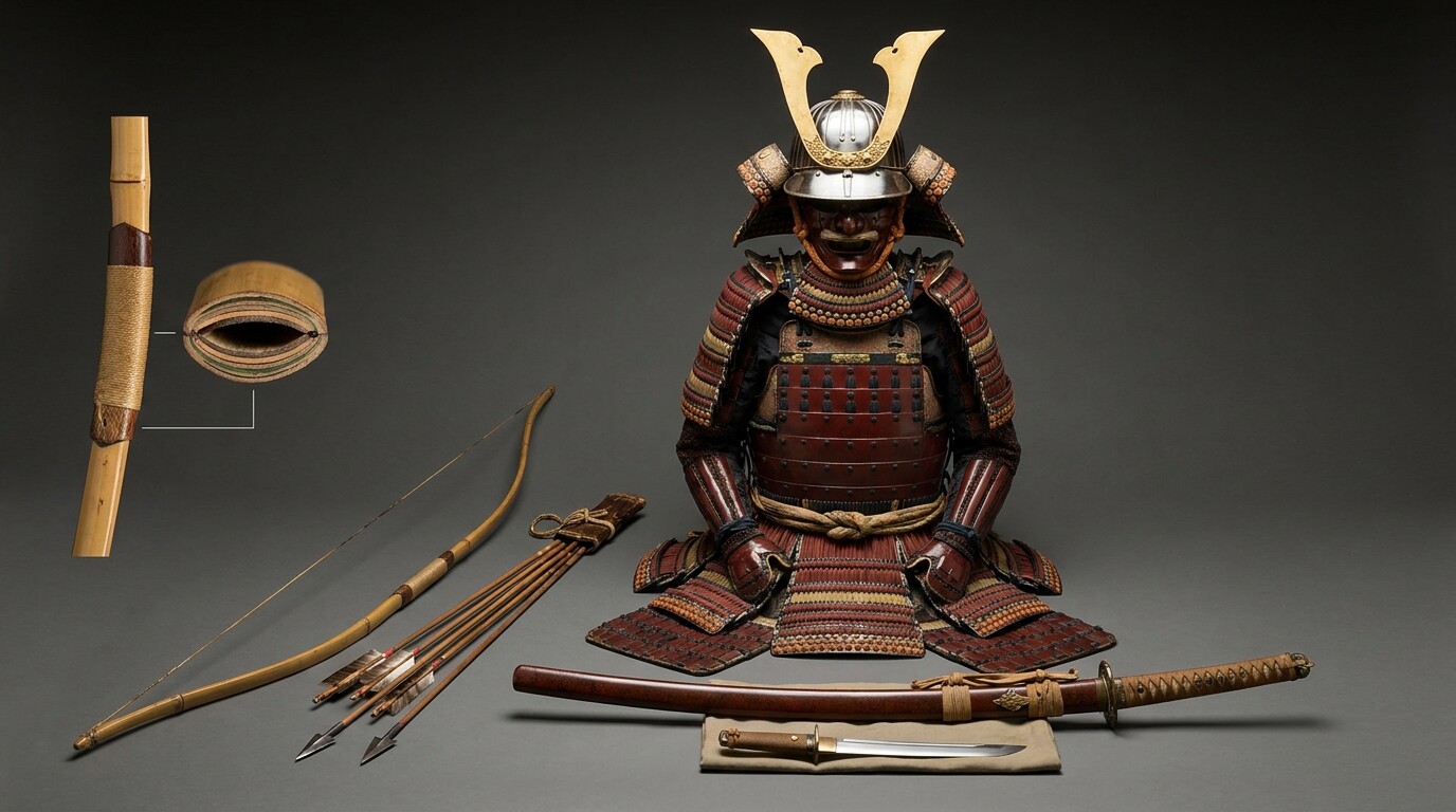 Equipment breakdown panel: detailed study of the oyoroi armor, daikyu bow, tachi sword, and arrows of a late twelfth-century Japanese warrior, laid out as a historical artifact study.