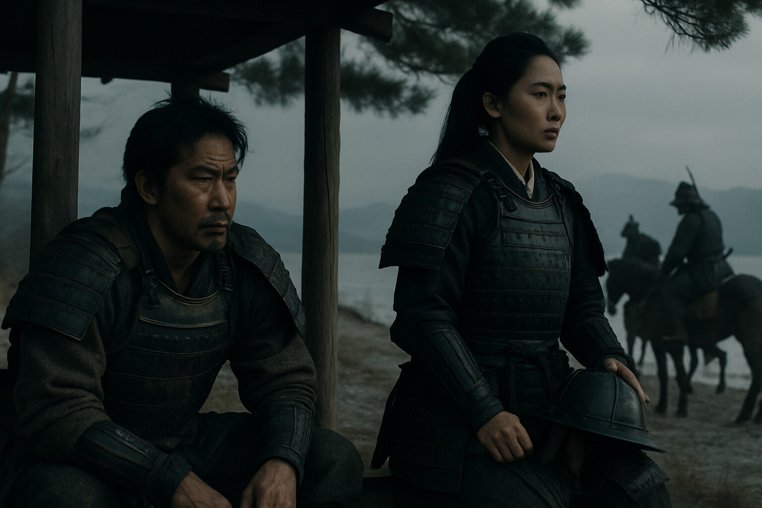 Intimate human scene: Tomoe Gozen and Yoshinaka in a quiet moment before the final battle — perhaps making ready or simply the stillness before the pursuit catches up, suggesting the human weight of the relationship without inventing dialogue.