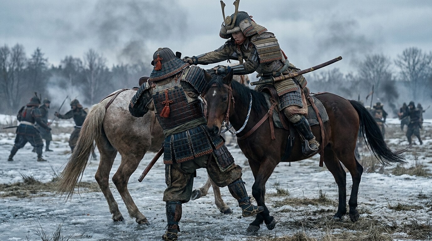 The decisive action: Tomoe Gozen pulling Onda no Moroshige from his horse — the head-taking at Awazu, the final act before her withdrawal.