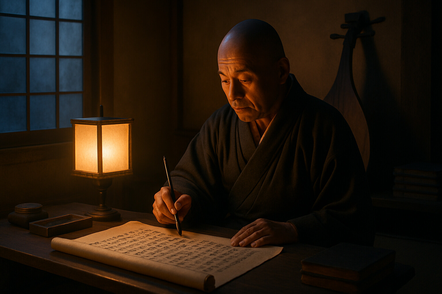 Aftermath and record scene: a medieval Japanese monk-chronicler writing or performing the Heike Monogatari by lamplight, with a biwa lute nearby — the act of preservation, the transmission of the story into history.