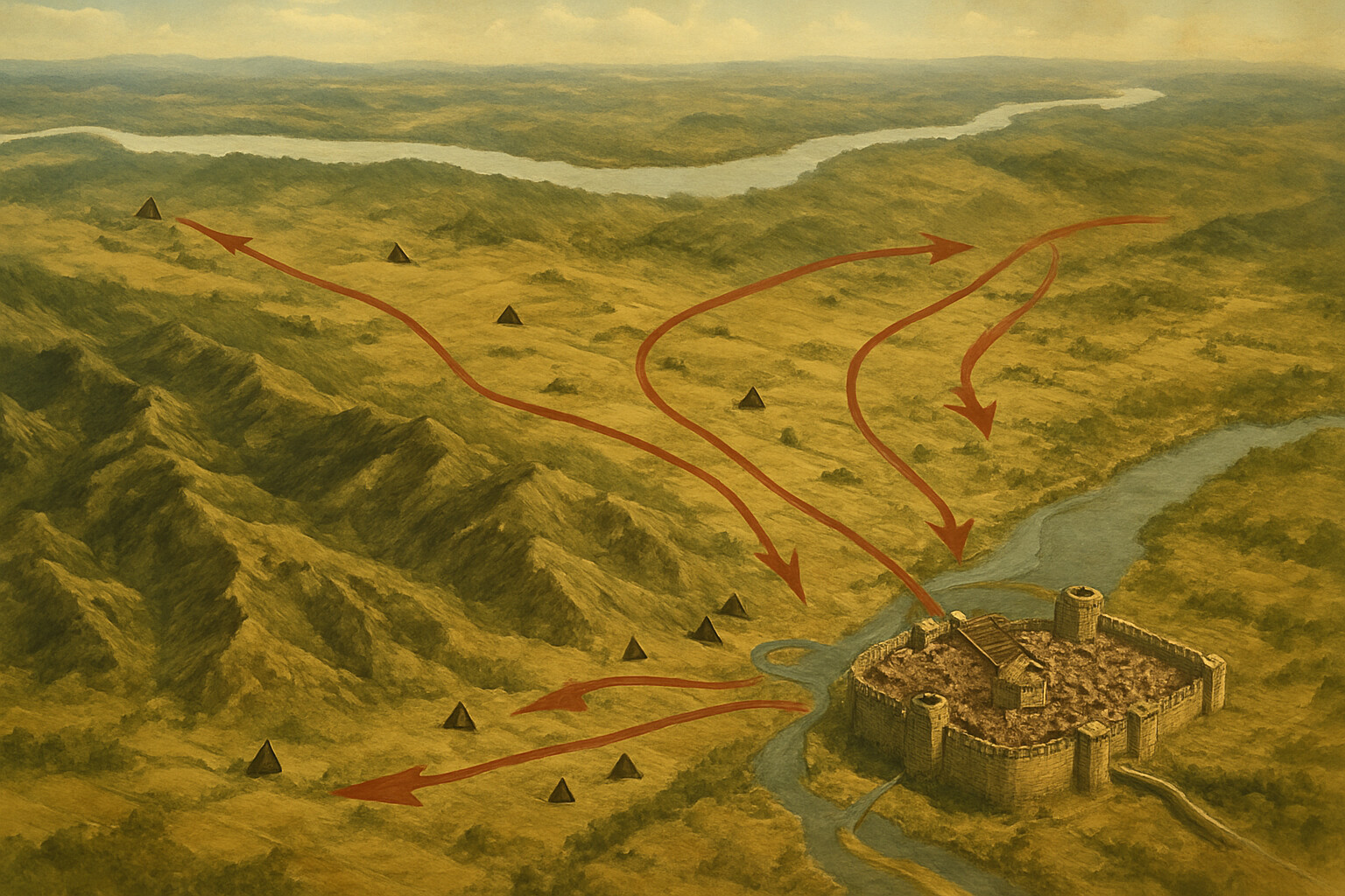 Context/map panel: Aerial view of the region around Adrianople showing the Danube frontier to the north, the Balkans terrain, and the city of Adrianople in the context of the Gothic War's strategic geography
