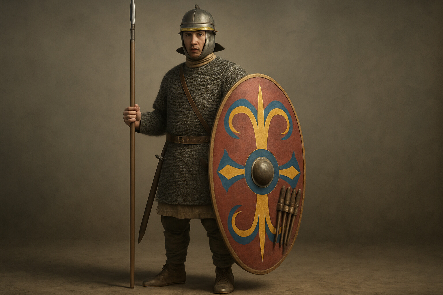 Equipment/weapon breakdown panel: A late Roman legionary's full kit laid out or shown on the soldier — spatha, spear, large oval shield with unit blazon, ridge helmet, mail armor, and plumbata darts tucked behind the shield