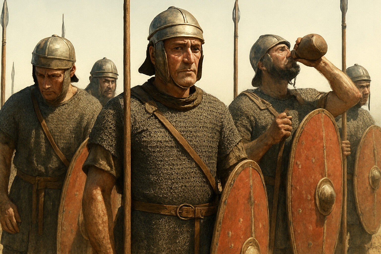 Intimate human scene: Roman soldiers during the long wait before the battle — standing in formation under the August sun, exhausted from marching, helmets on, shields grounded, the men sweating and thirsty, the tension of waiting palpable