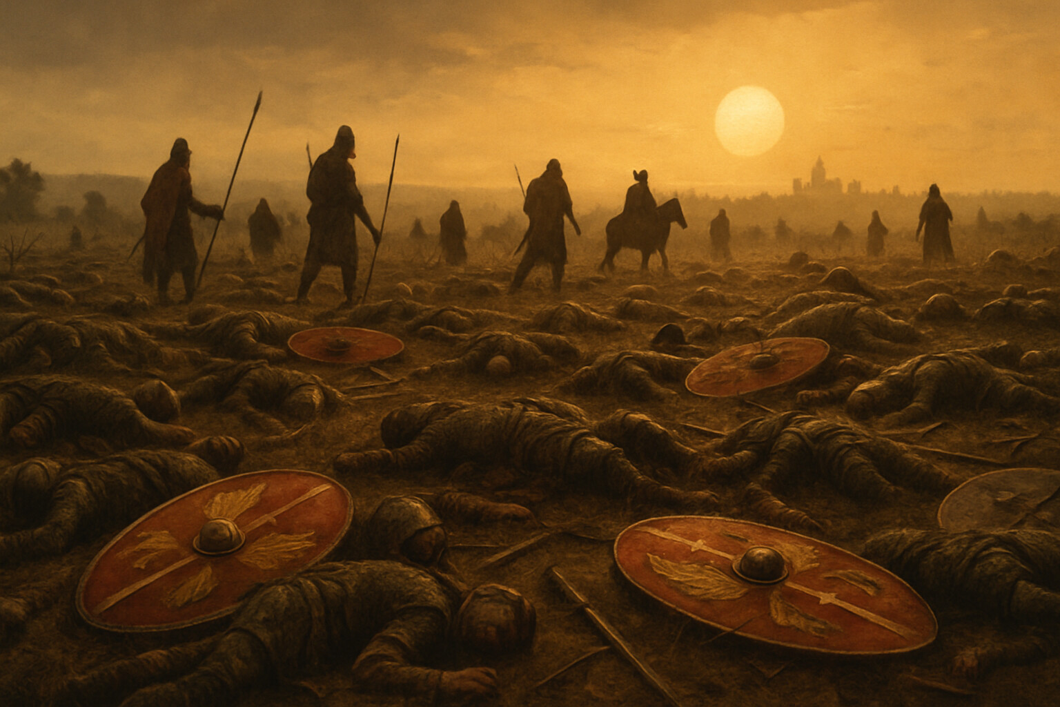 Aftermath/cost panel: The battlefield after the rout — a wide field strewn with Roman dead, abandoned shields and weapons, late afternoon light, with Gothic warriors moving through the carnage and the city of Adrianople visible in the far distance