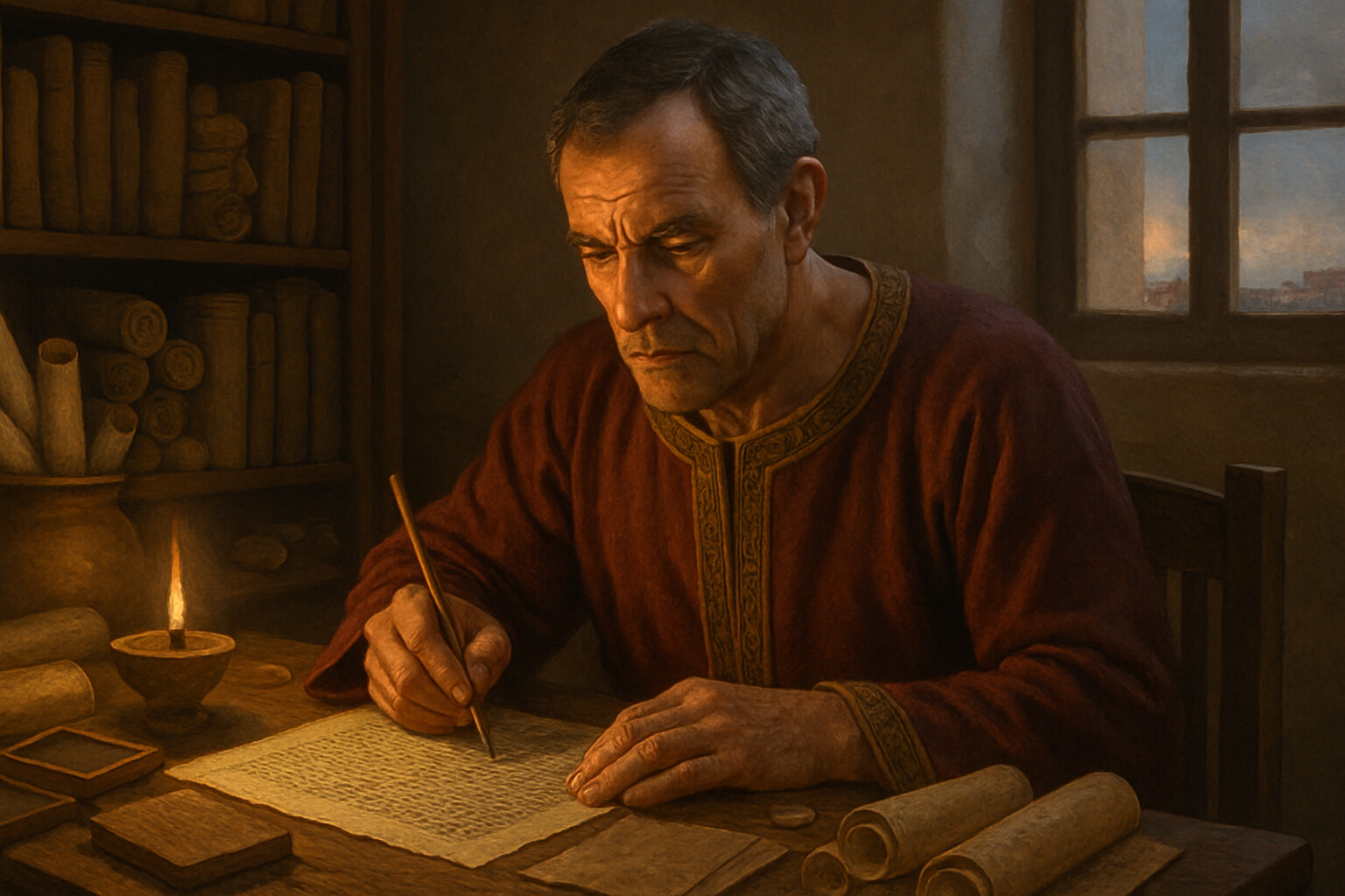 Source/record panel: A historian's reconstruction visual — an ancient Roman scribe or Ammianus-type figure writing at a desk in a late Roman setting, surrounded by documents and wax tablets, representing the act of historical record-keeping that preserved knowledge of the battle