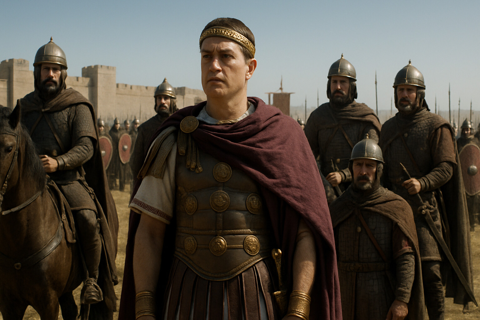 Story-specific additional panel: Emperor Valens at the moment of decision before the battle — standing before his assembled staff officers near Adrianople, dressed in imperial military regalia, the army visible behind him in formation, the moment before ordering the advance