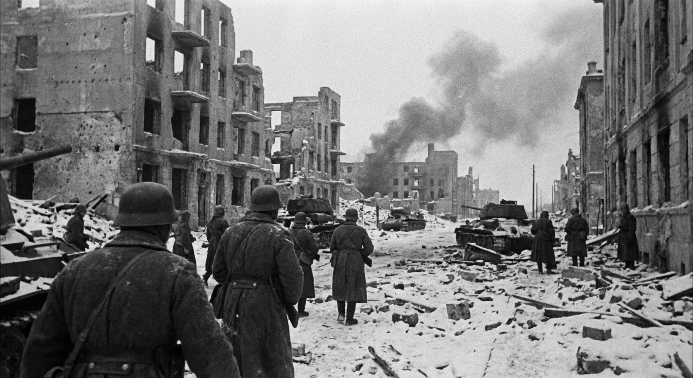 Burning ruins of Stalingrad rise behind Soviet soldiers crossing the Volga.