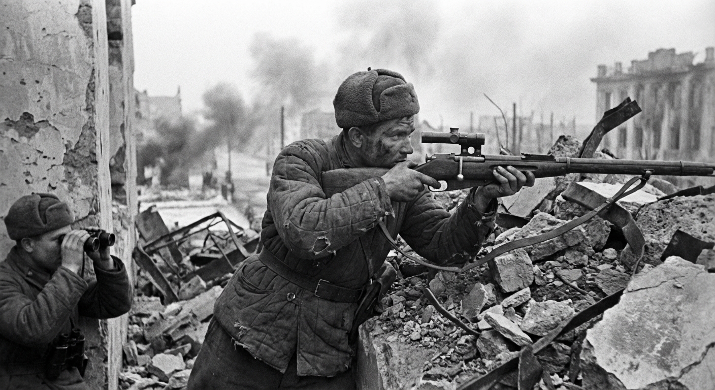 Zaitsev waits in a blasted window line with rifle hidden among bricks and ash.