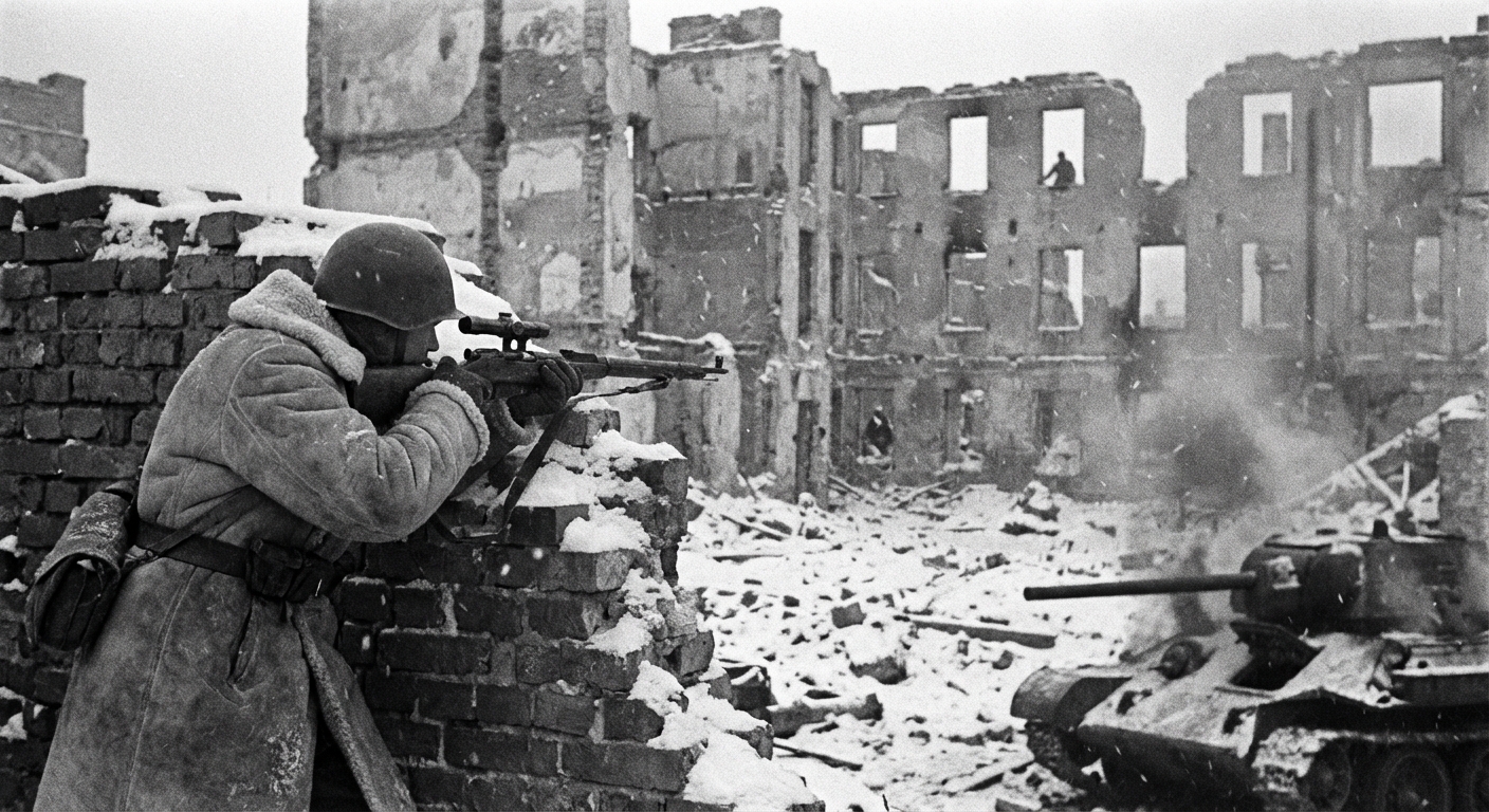 A three-man sniper team watches a factory yard through smoke and drifting plaster.