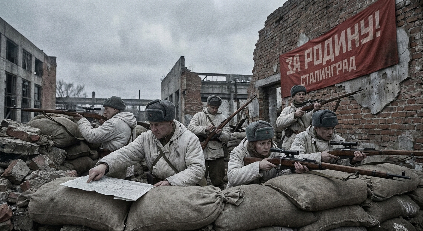 German troops move through debris while invisible rifle fire picks at leaders and messengers.