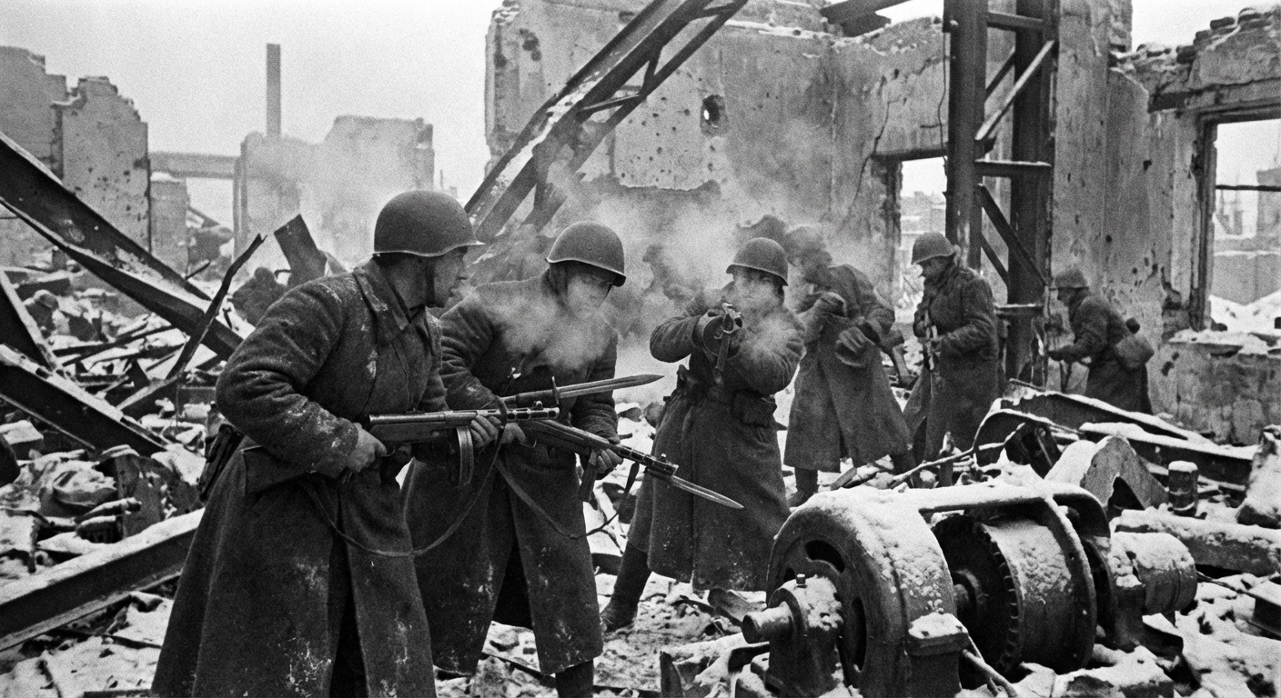 Soviet troops surge forward as the German position in the city begins to collapse.