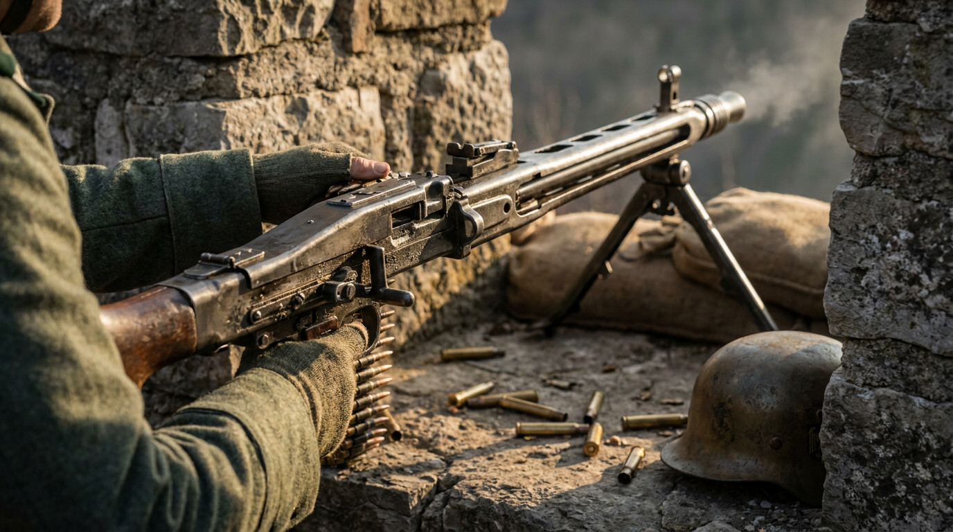 Close-up of MG42 machine gun in German defensive position showing the weapon's deadly effectiveness