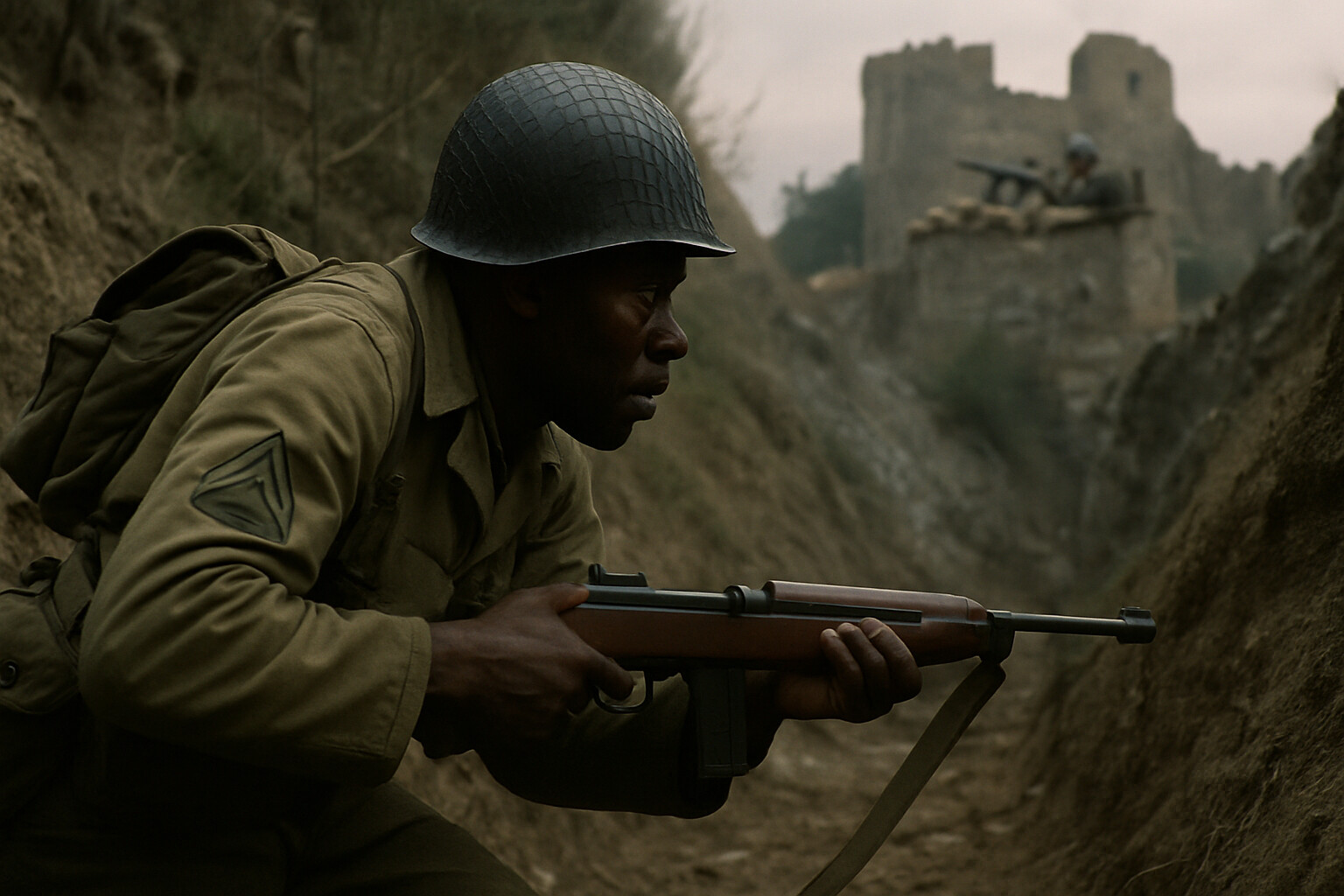 Baker making his dangerous solo approach through the gully, carbine ready, with German positions ahead