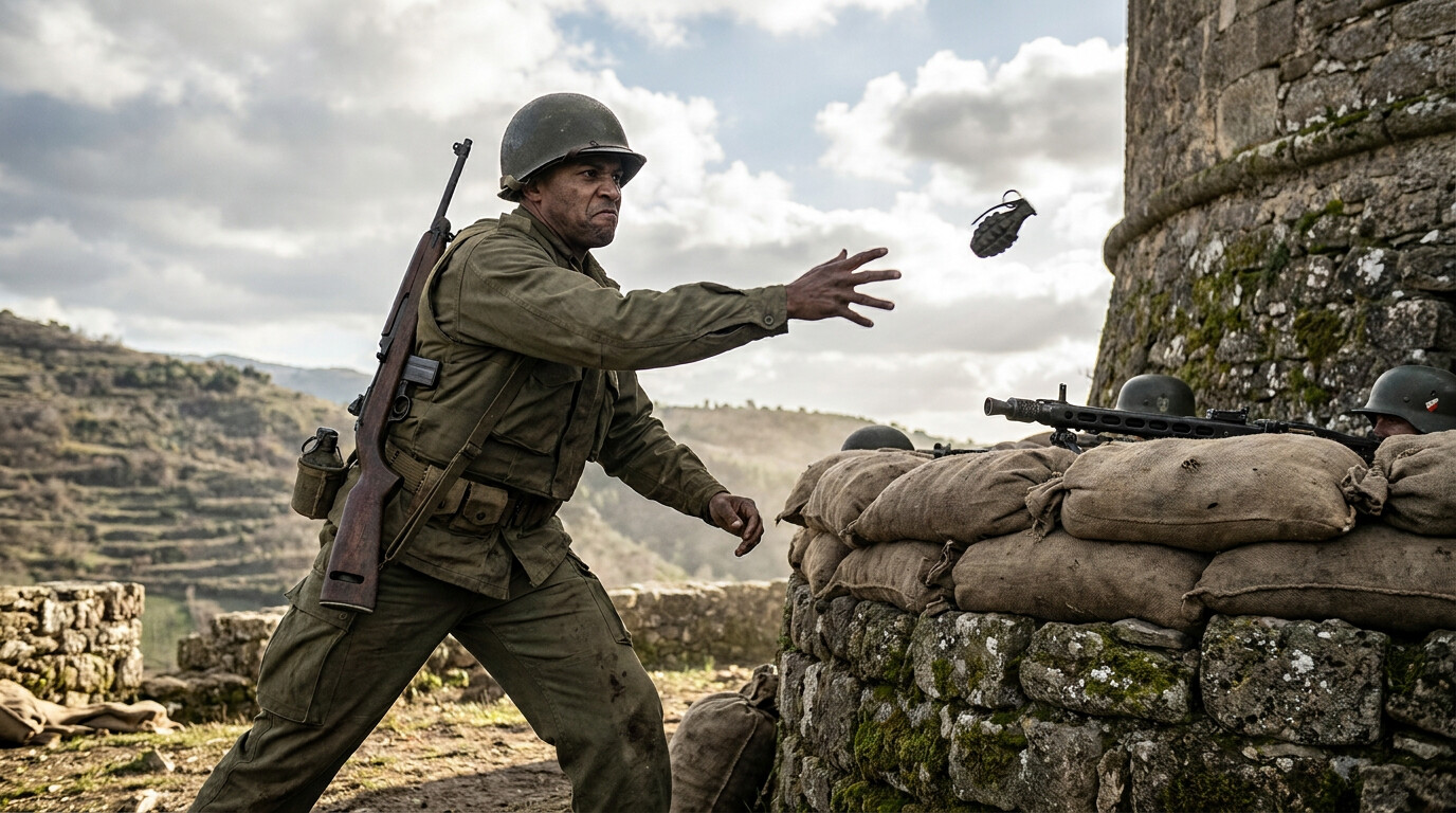 The decisive moment as Baker throws a grenade at the first machine gun nest