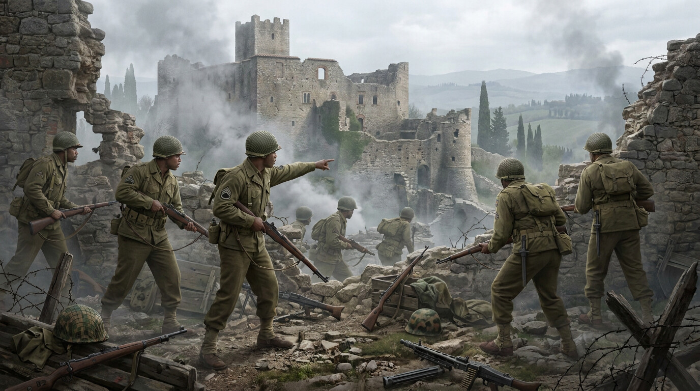 Baker's platoon advancing through the breached German positions after his successful assault