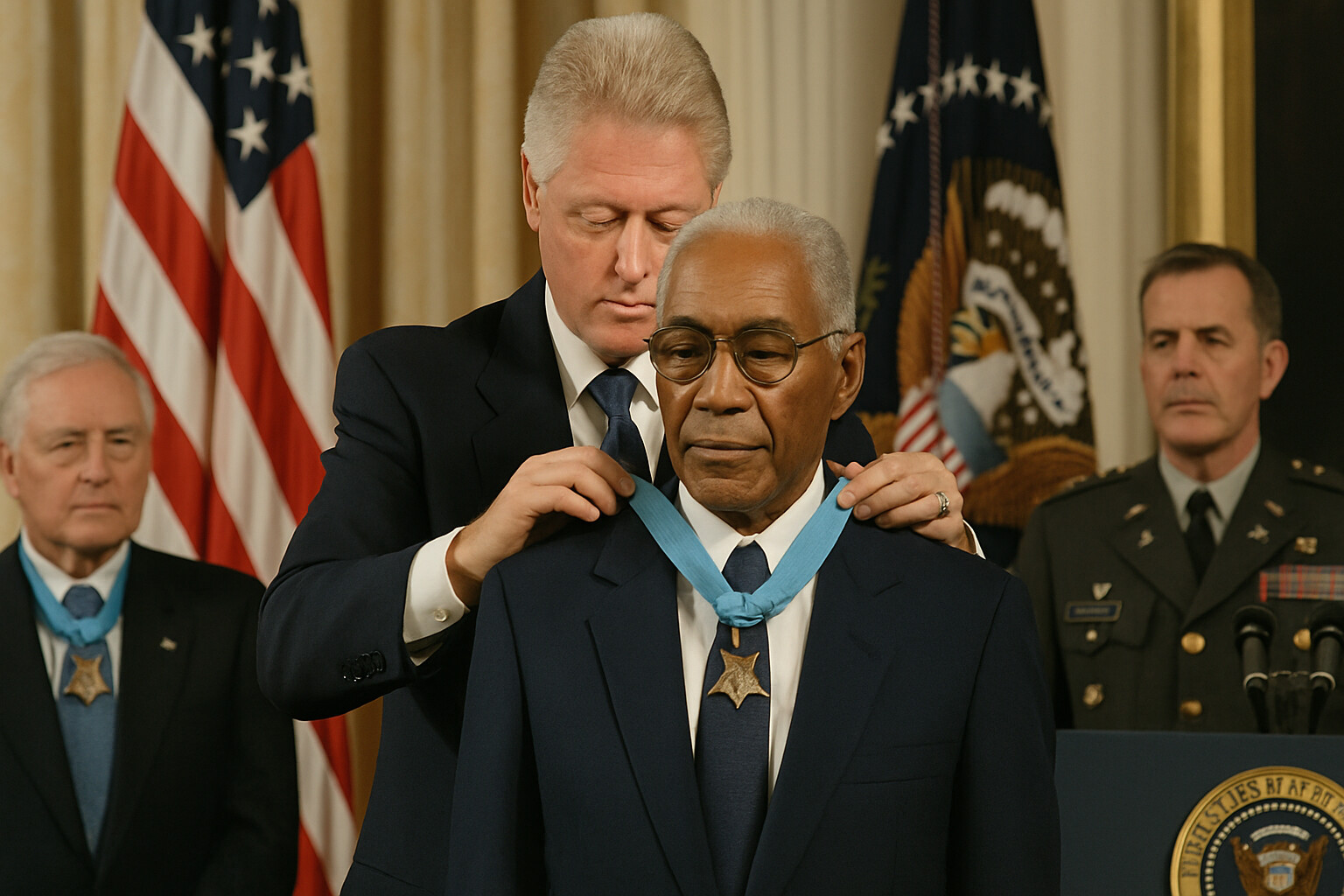 President Clinton awarding the Medal of Honor to elderly Vernon Baker at the White House in 1997