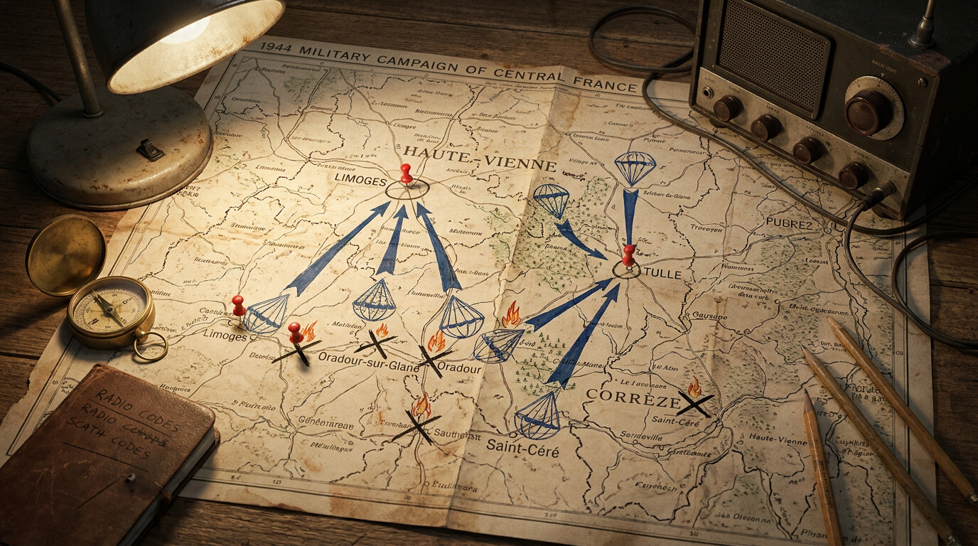Map showing the SALESMAN circuit area in central France with drop zones and resistance networks